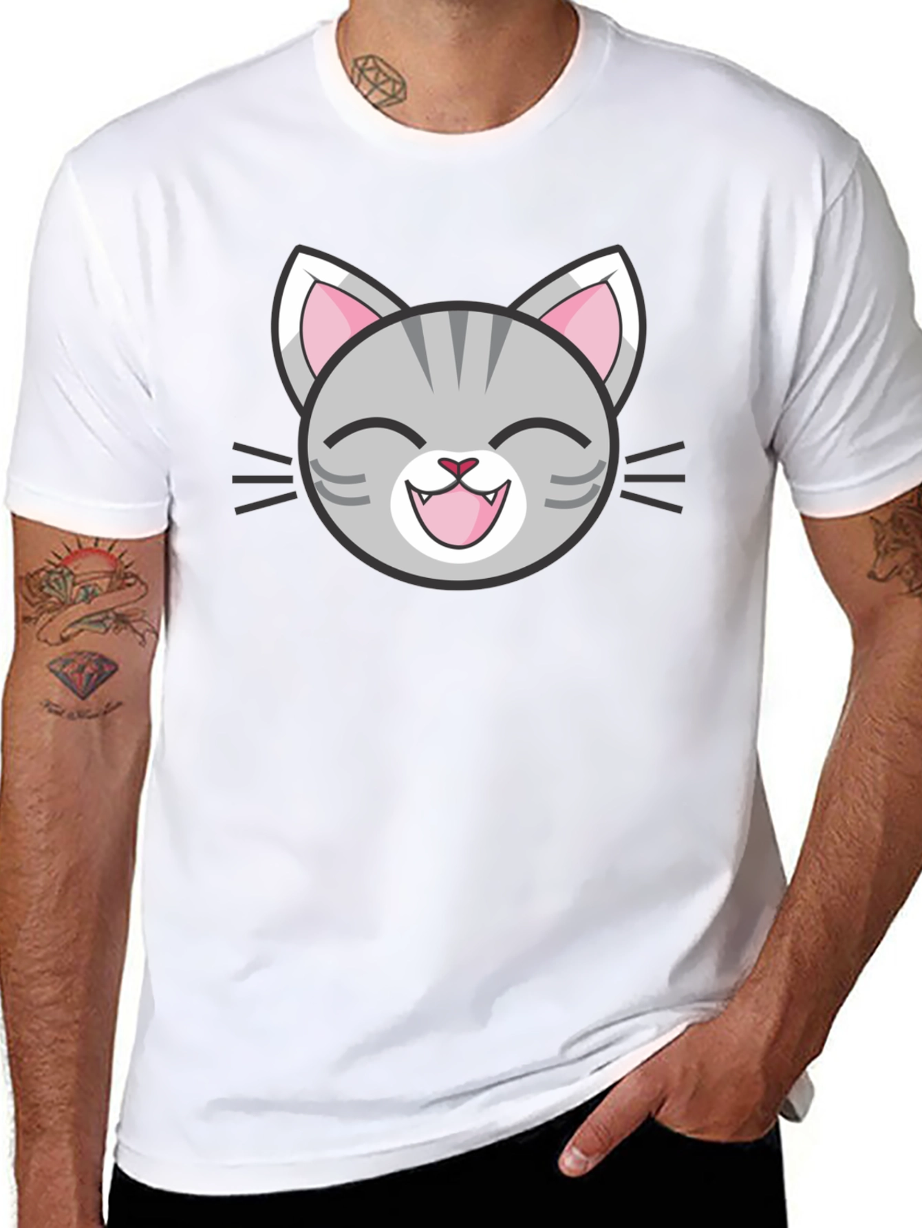 Cute Cartoon Cat Face Graphic Black T-Shirt