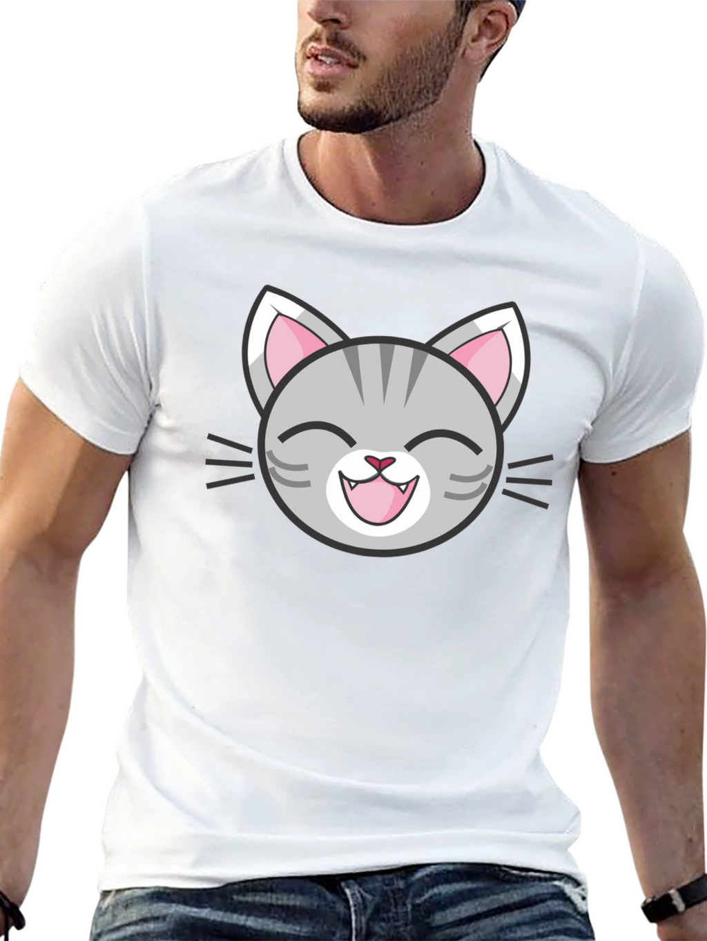 Cute Cartoon Cat Face Graphic Black T-Shirt