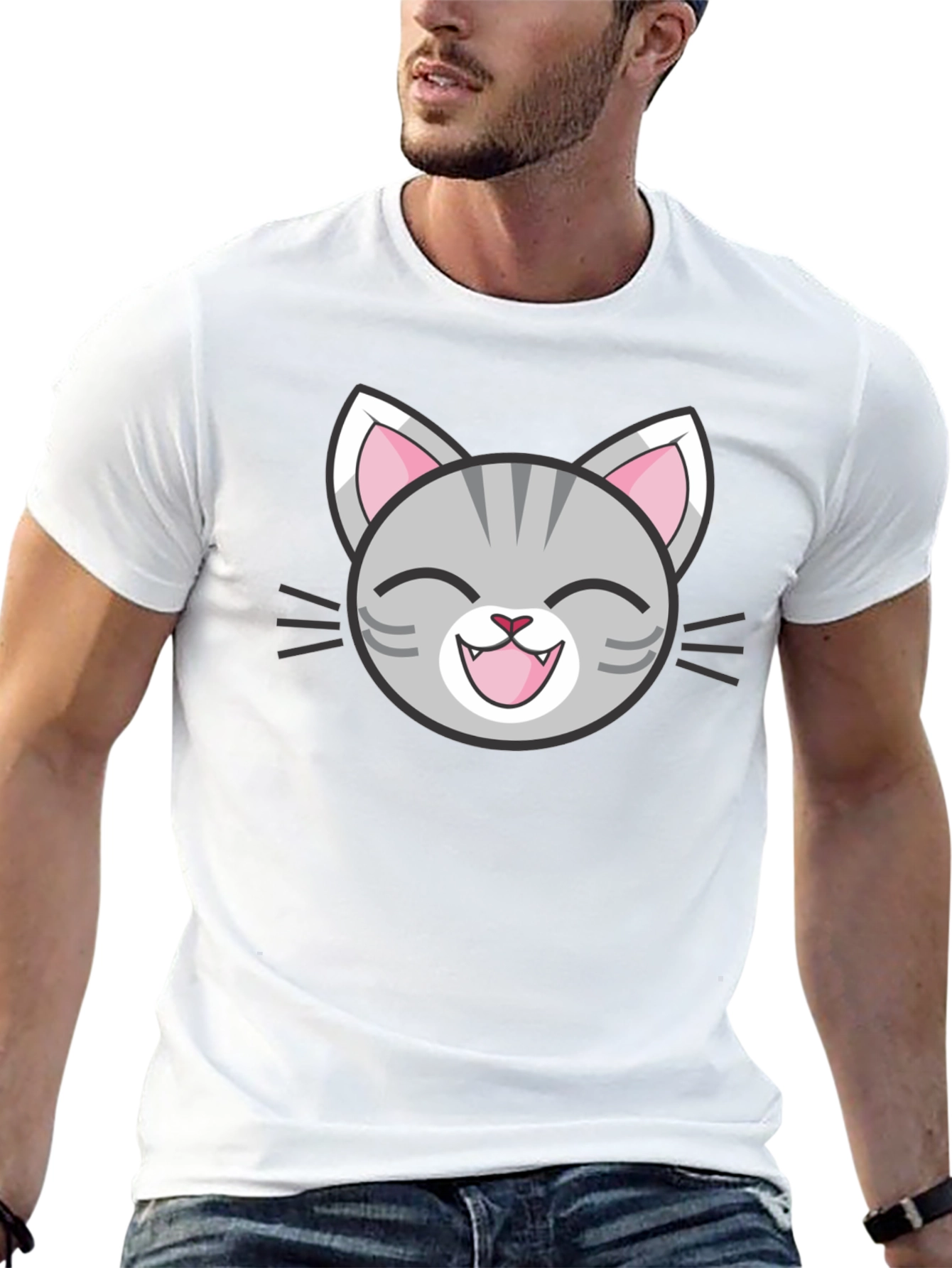 Cute Cartoon Cat Face Graphic Black T-Shirt