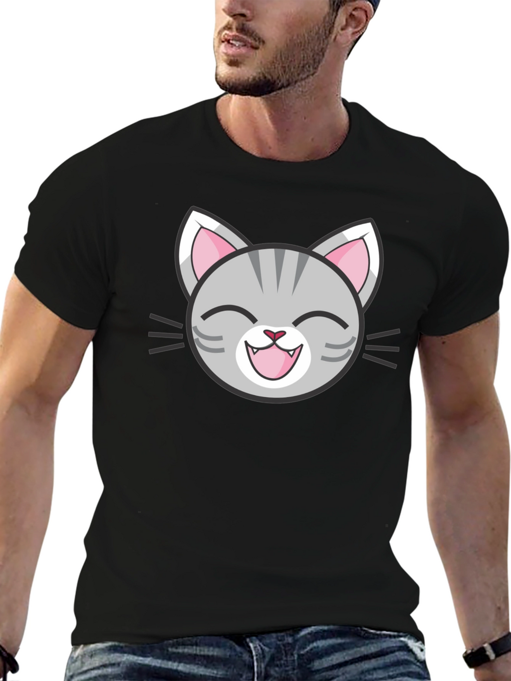 Cute Cartoon Cat Face Graphic Black T-Shirt