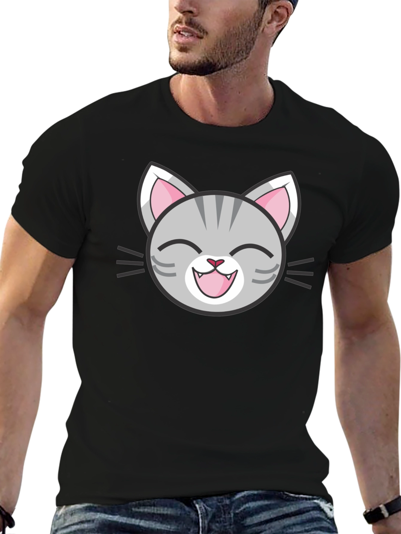Cute Cartoon Cat Face Graphic Black T-Shirt