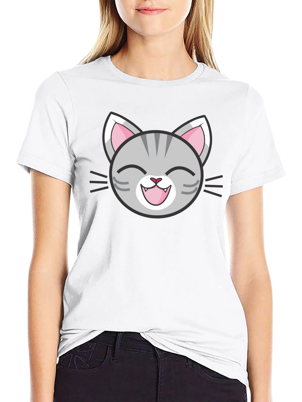 Cute Cartoon Cat Face Graphic Black T-Shirt