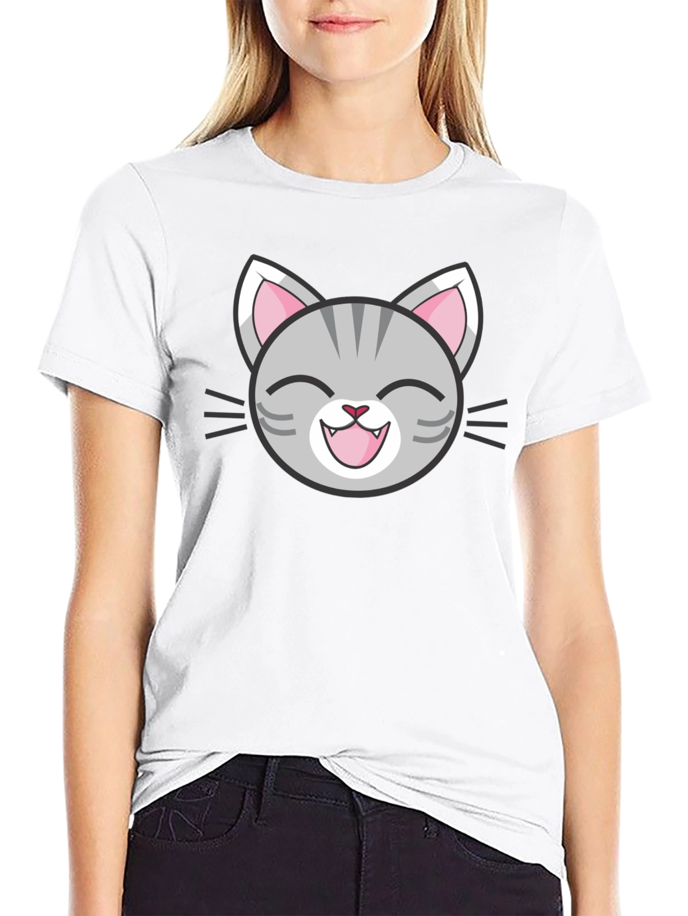 Cute Cartoon Cat Face Graphic Black T-Shirt