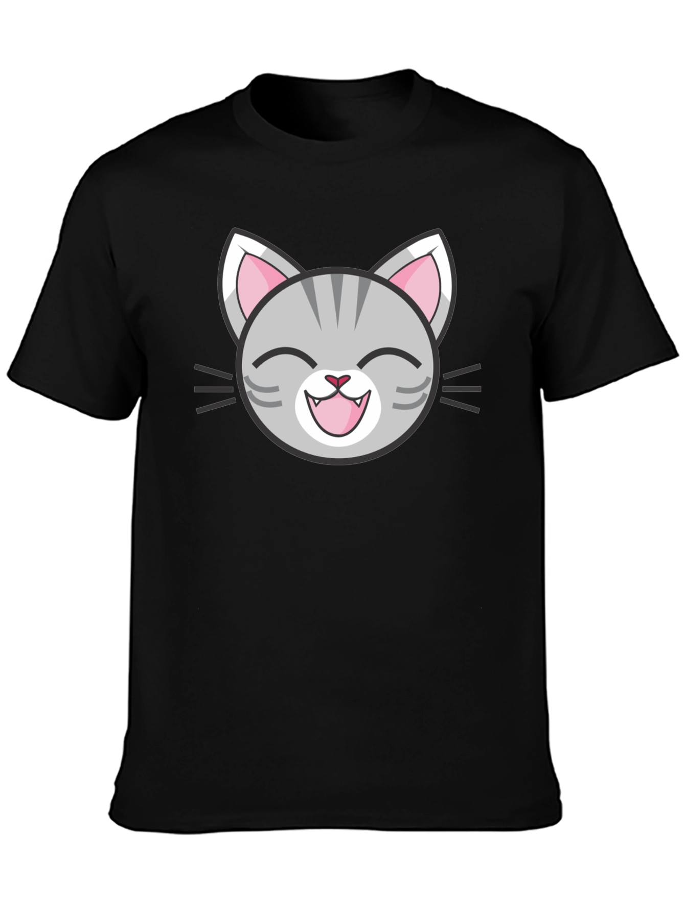 Cute Cartoon Cat Face Graphic Black T-Shirt