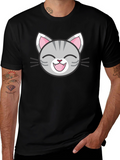Cute Cartoon Cat Face Graphic Black T-Shirt
