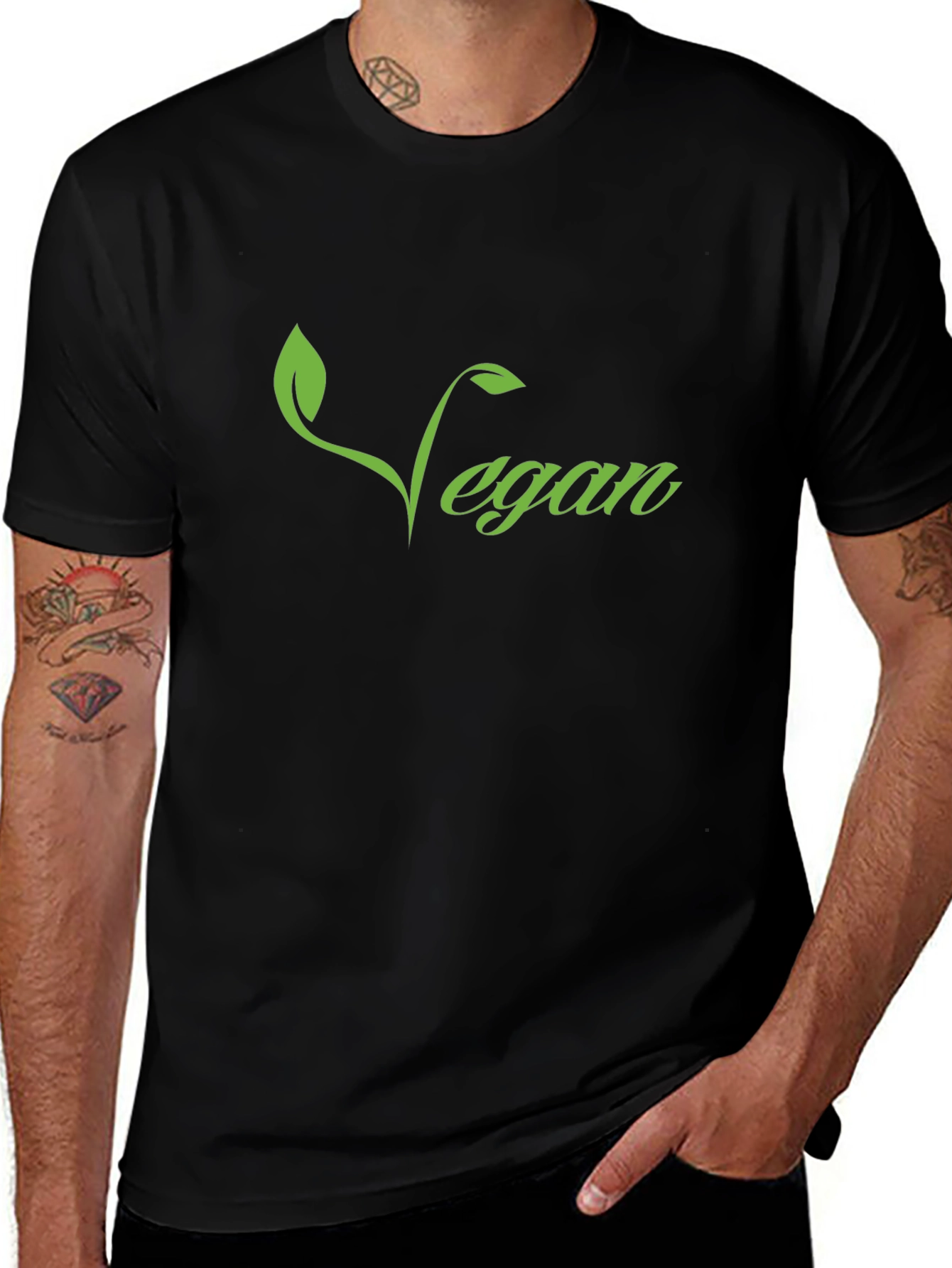 Vegan T-Shirt - Green Leaf Design Black Tee