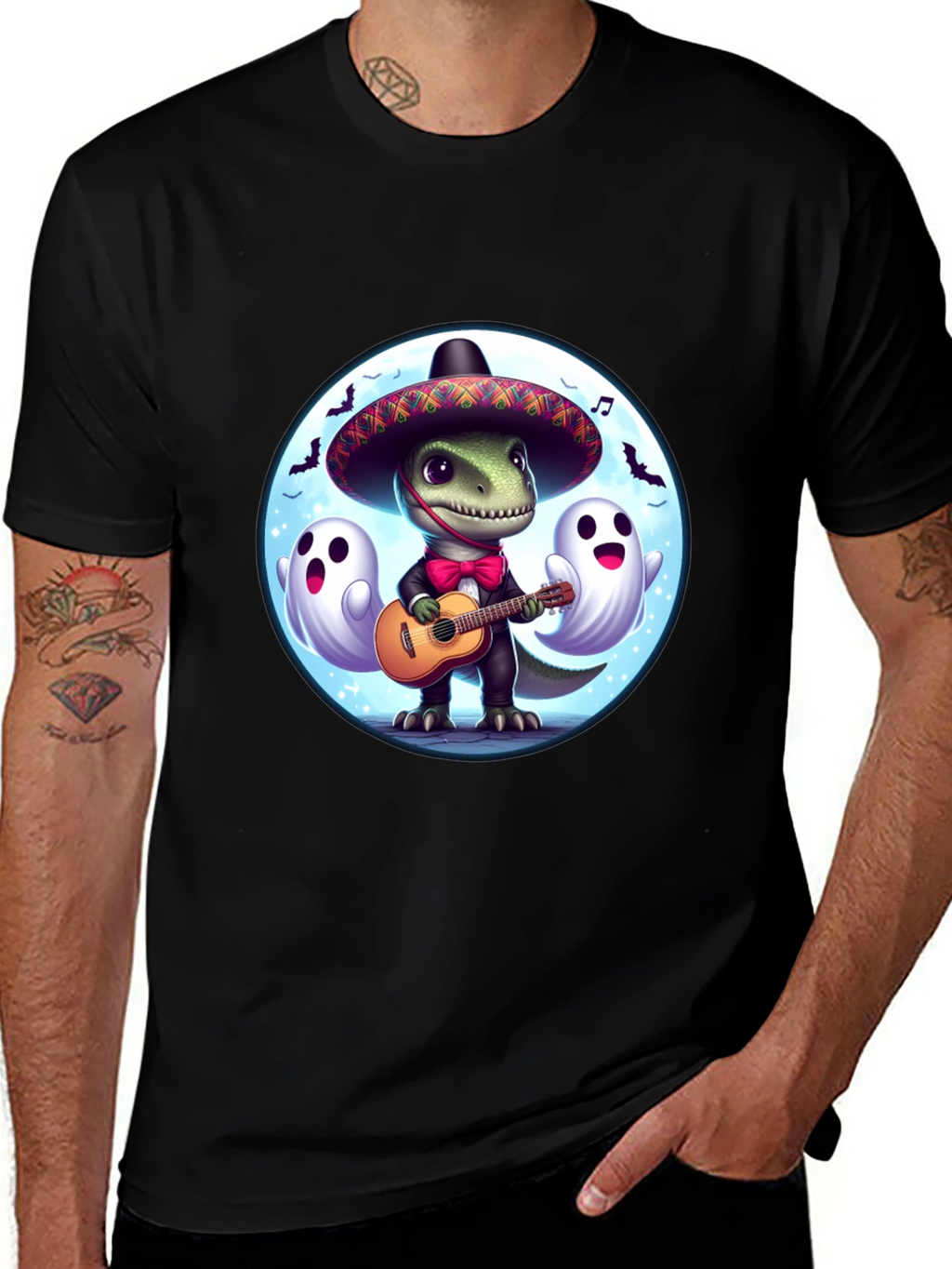 Dino Fiesta T-Shirt: Guitar Playing Dinosaur with Ghosts