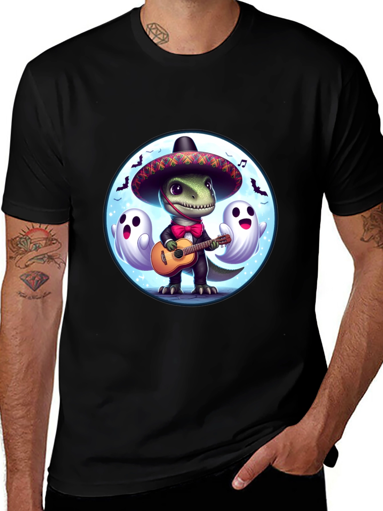 Dino Fiesta T-Shirt: Guitar Playing Dinosaur with Ghosts