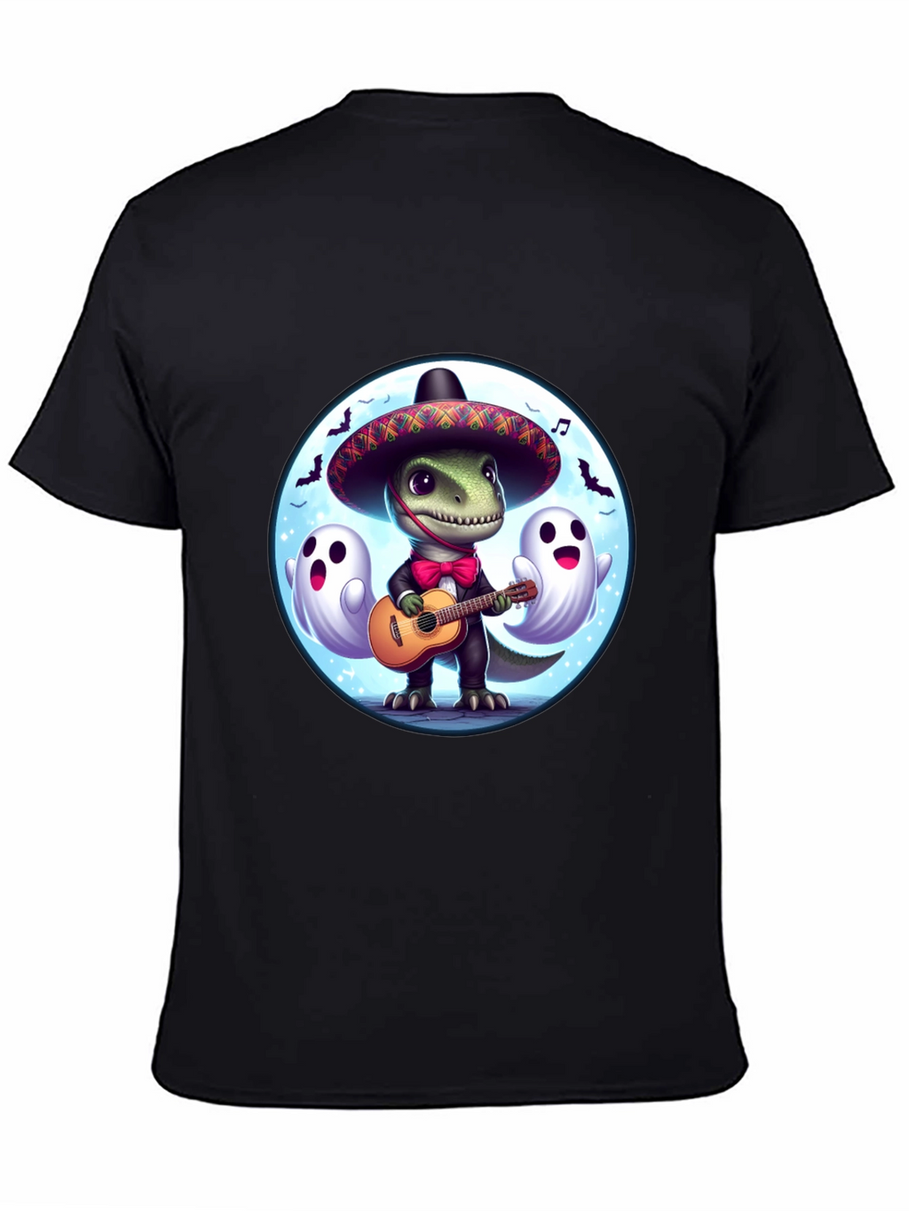 Dino Fiesta T-Shirt: Guitar Playing Dinosaur with Ghosts