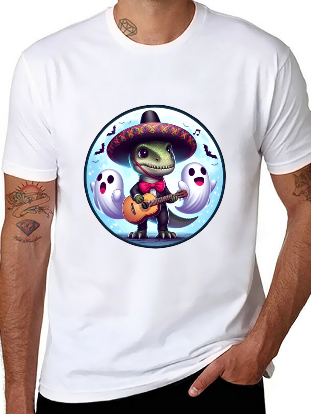 Dino Fiesta T-Shirt: Guitar Playing Dinosaur with Ghosts