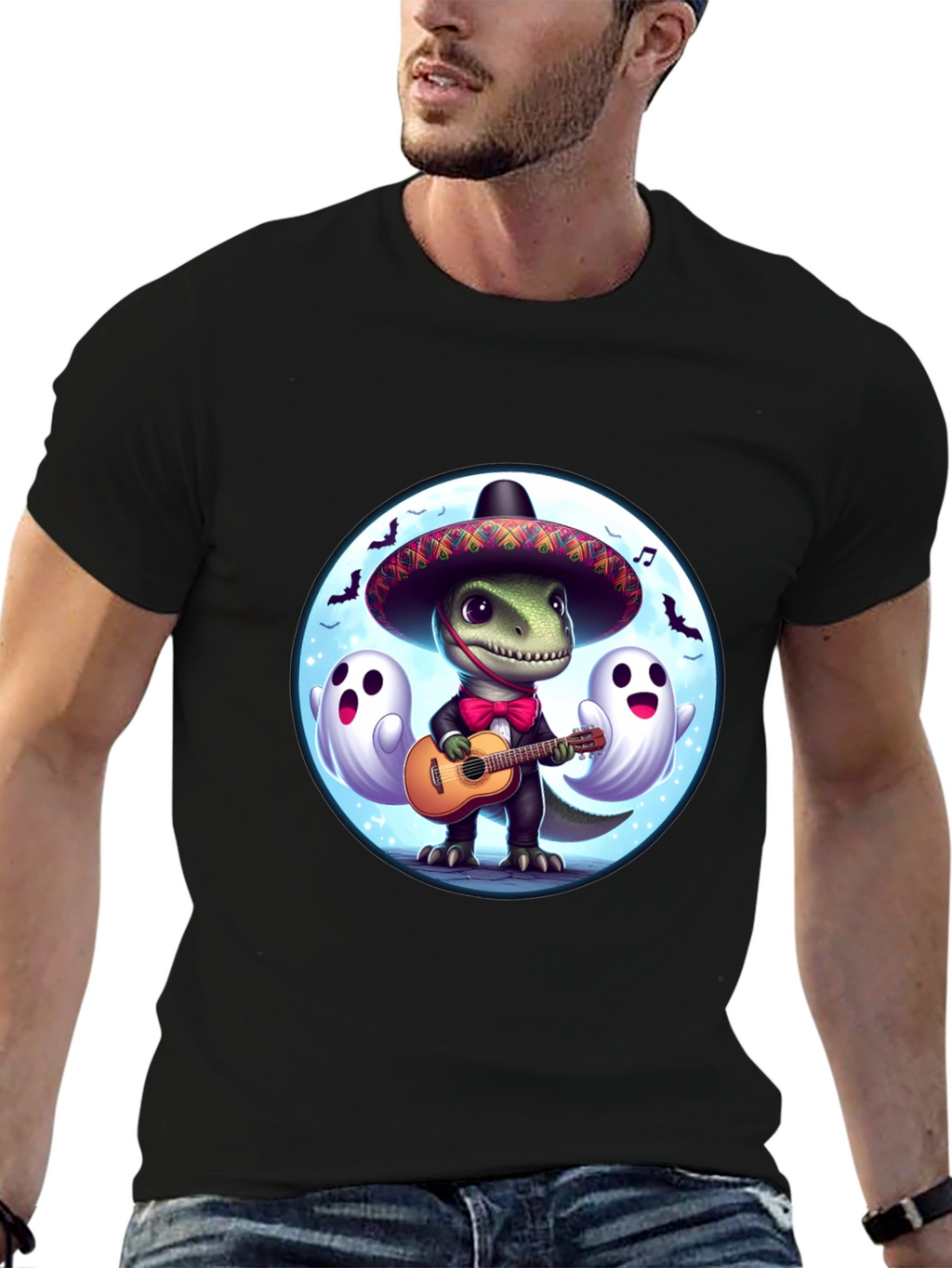 Dino Fiesta T-Shirt: Guitar Playing Dinosaur with Ghosts