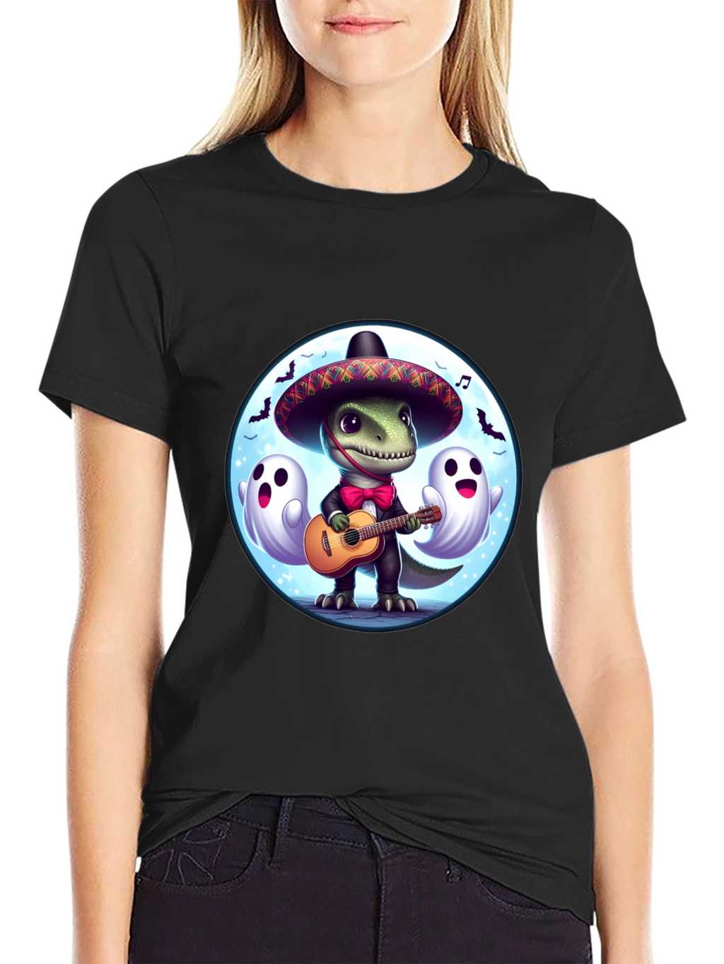 Dino Fiesta T-Shirt: Guitar Playing Dinosaur with Ghosts