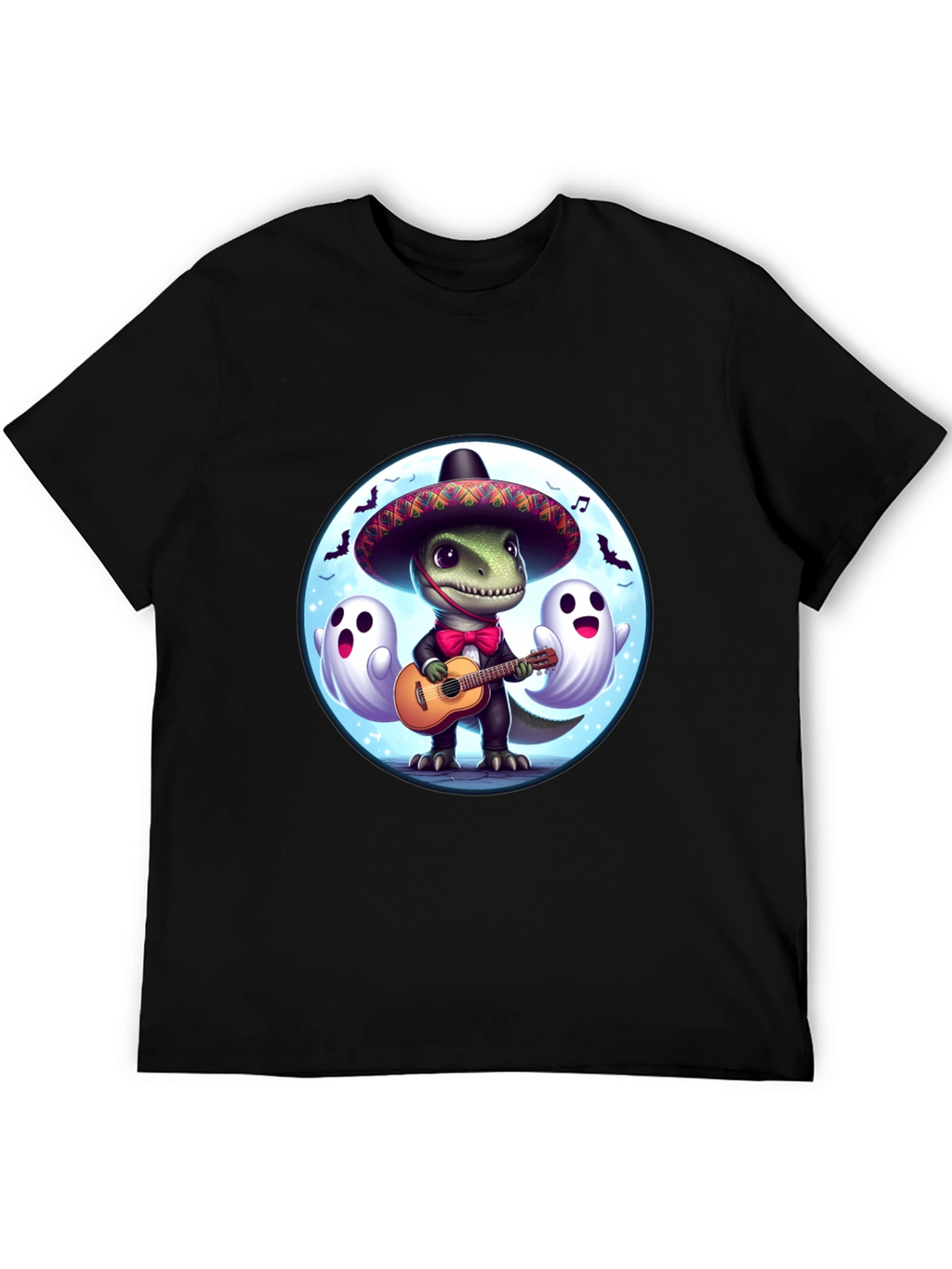 Dino Fiesta T-Shirt: Guitar Playing Dinosaur with Ghosts