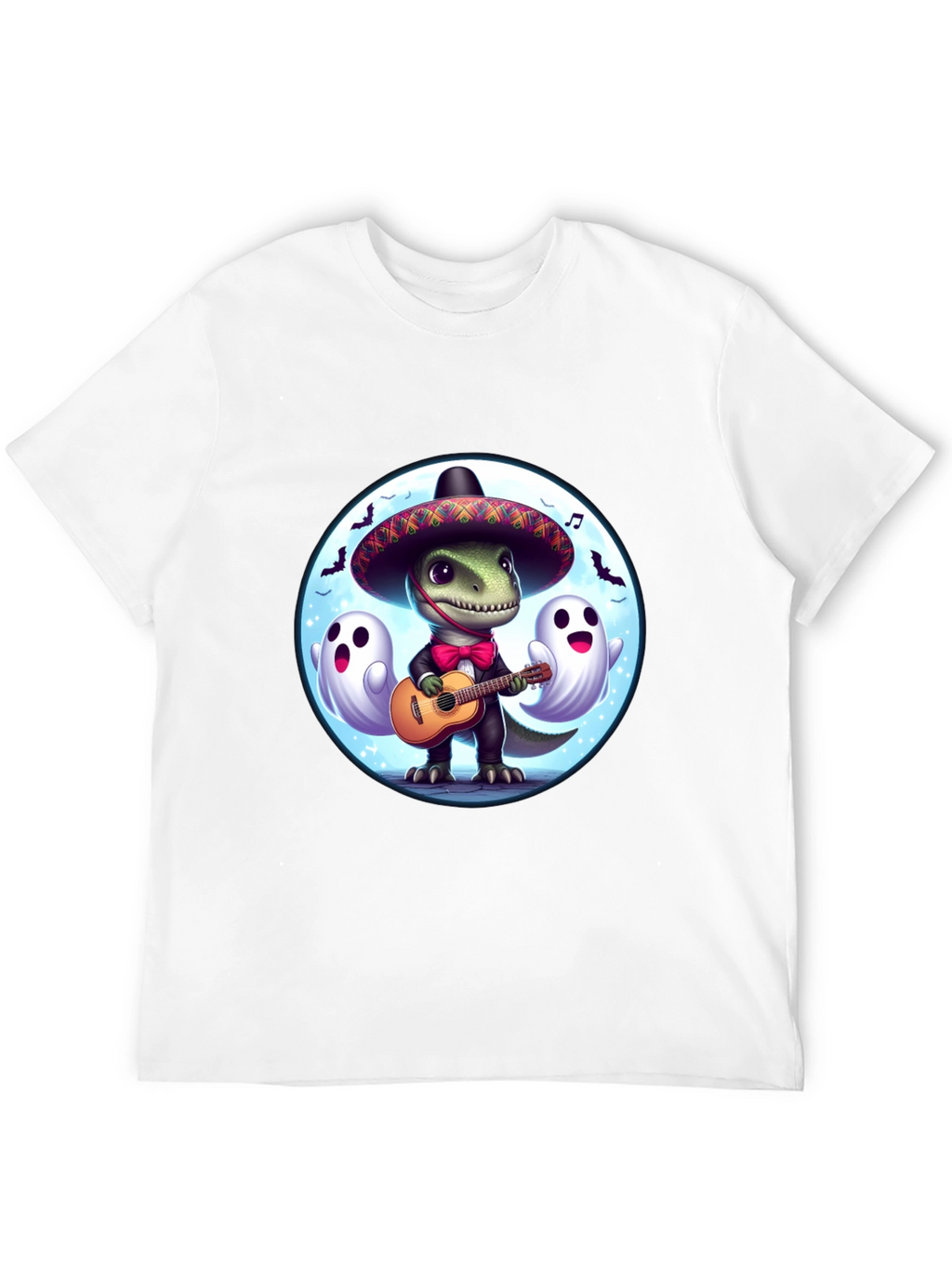 Dino Fiesta T-Shirt: Guitar Playing Dinosaur with Ghosts