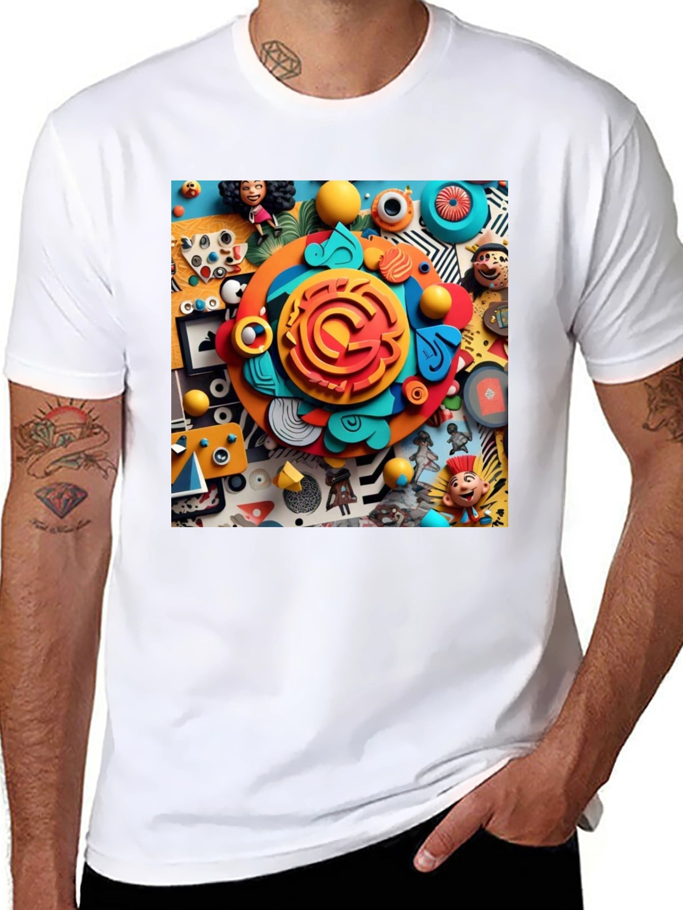 Fun Cartoon Collage Graphic Tee - Black Cotton T-Shirt