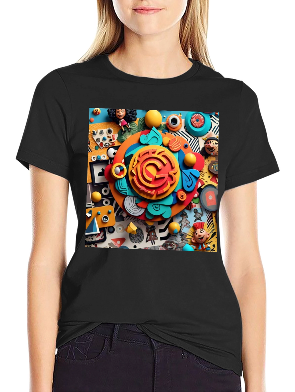 Fun Cartoon Collage Graphic Tee - Black Cotton T-Shirt