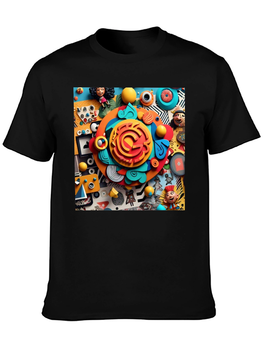 Fun Cartoon Collage Graphic Tee - Black Cotton T-Shirt