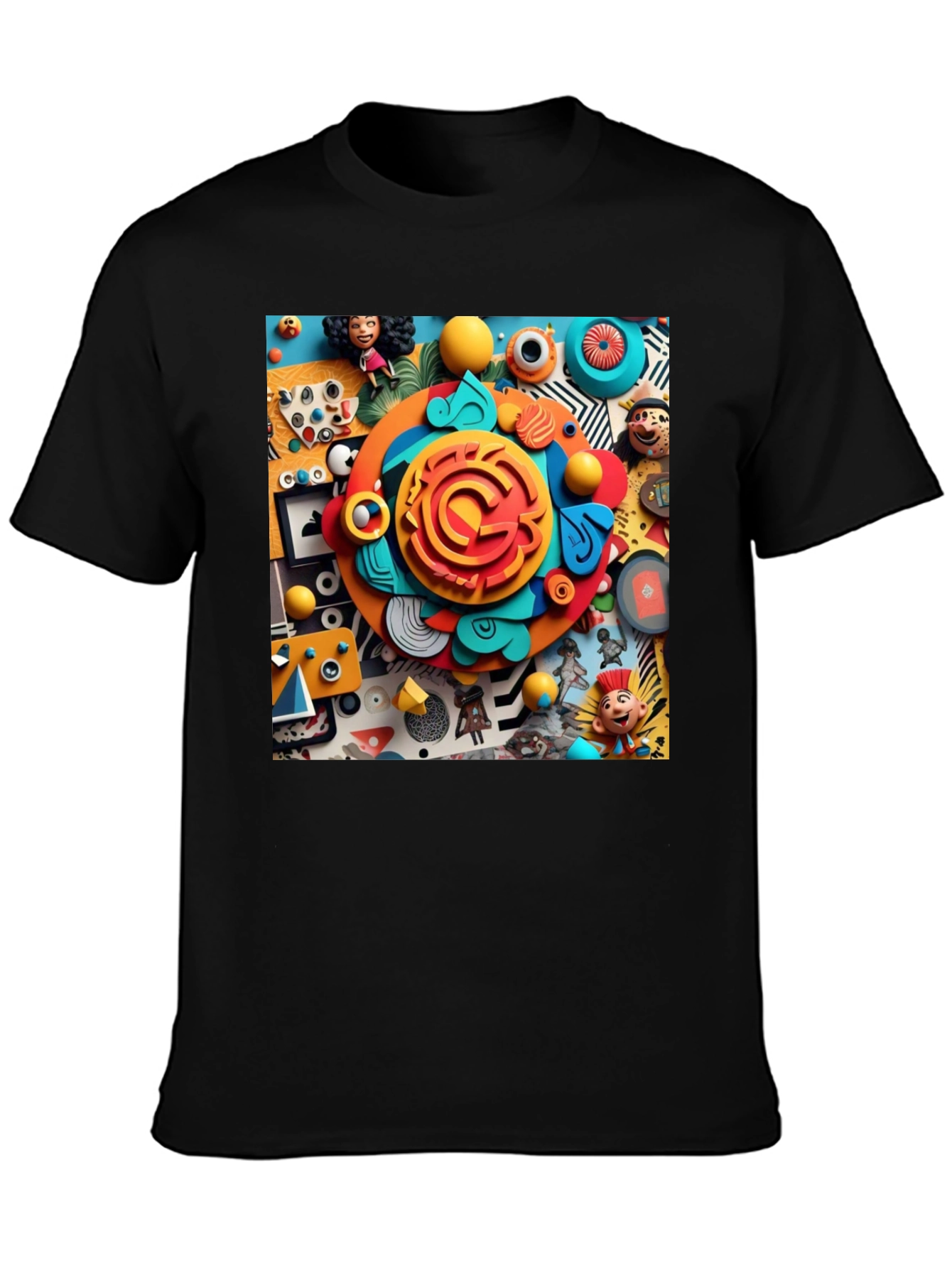 Fun Cartoon Collage Graphic Tee - Black Cotton T-Shirt
