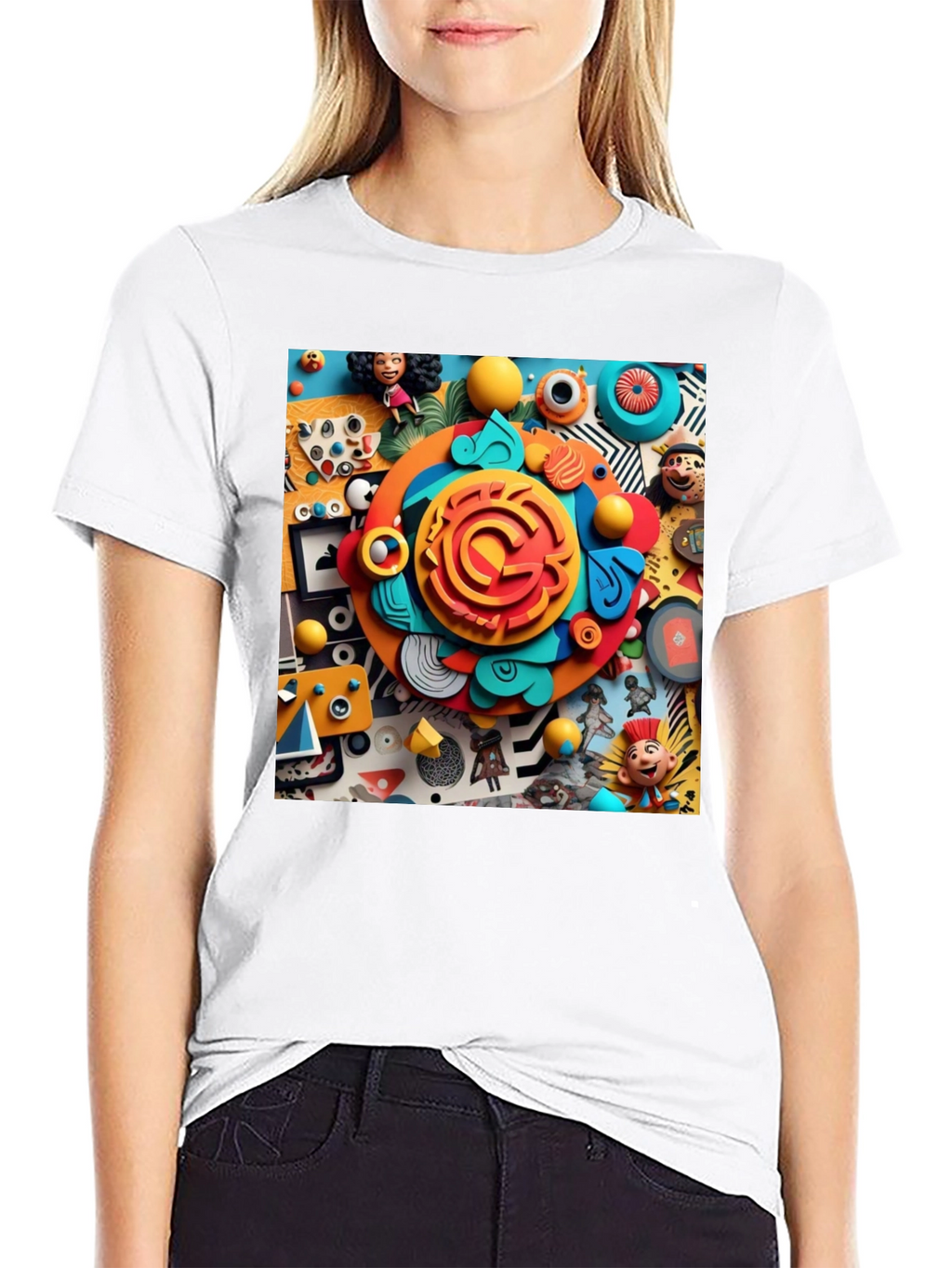Fun Cartoon Collage Graphic Tee - Black Cotton T-Shirt