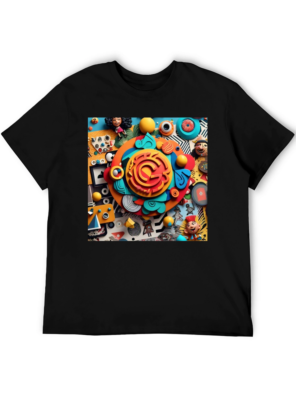 Fun Cartoon Collage Graphic Tee - Black Cotton T-Shirt