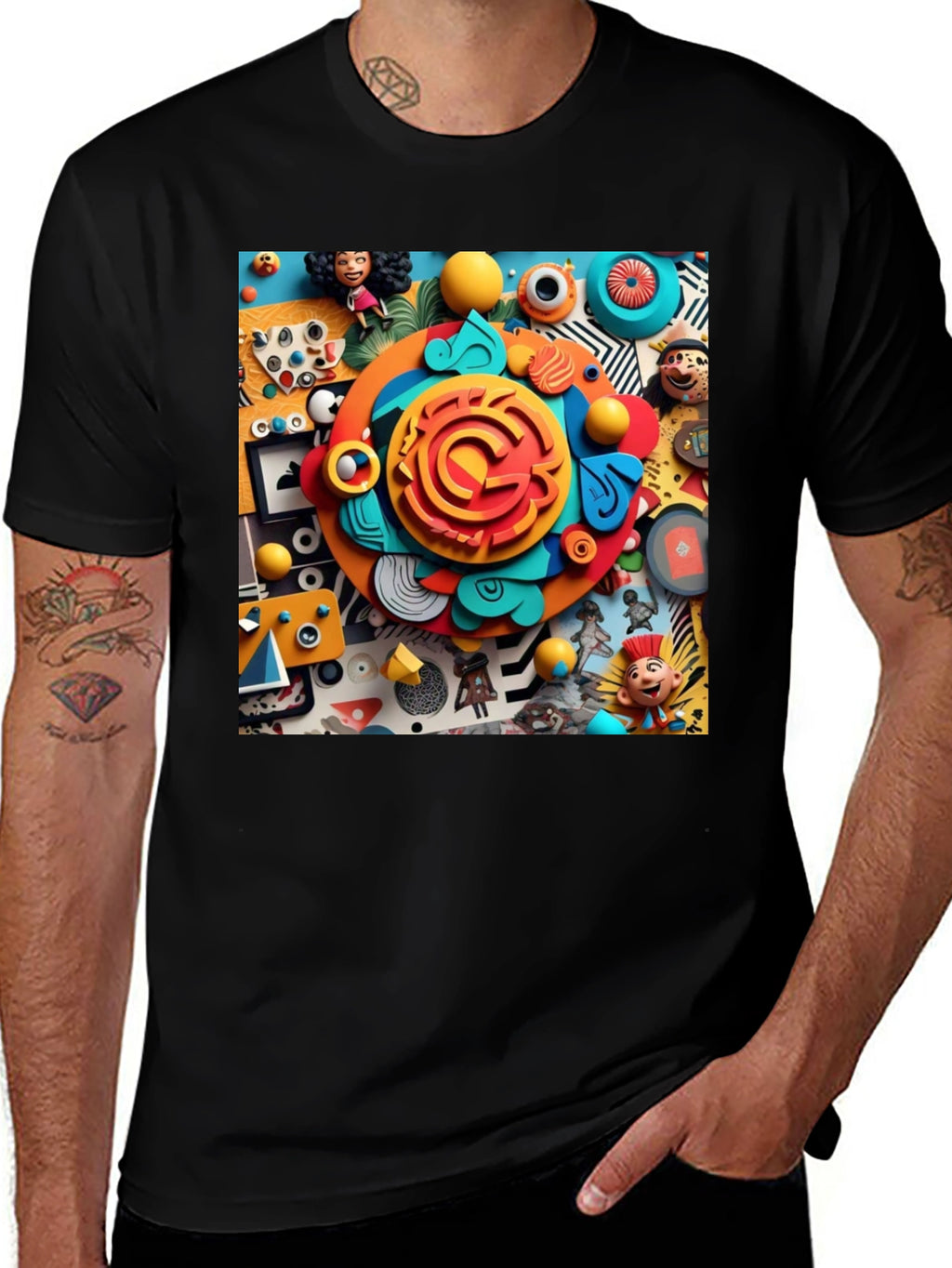 Fun Cartoon Collage Graphic Tee - Black Cotton T-Shirt