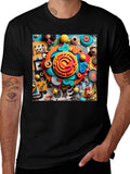 Fun Cartoon Collage Graphic Tee - Black Cotton T-Shirt