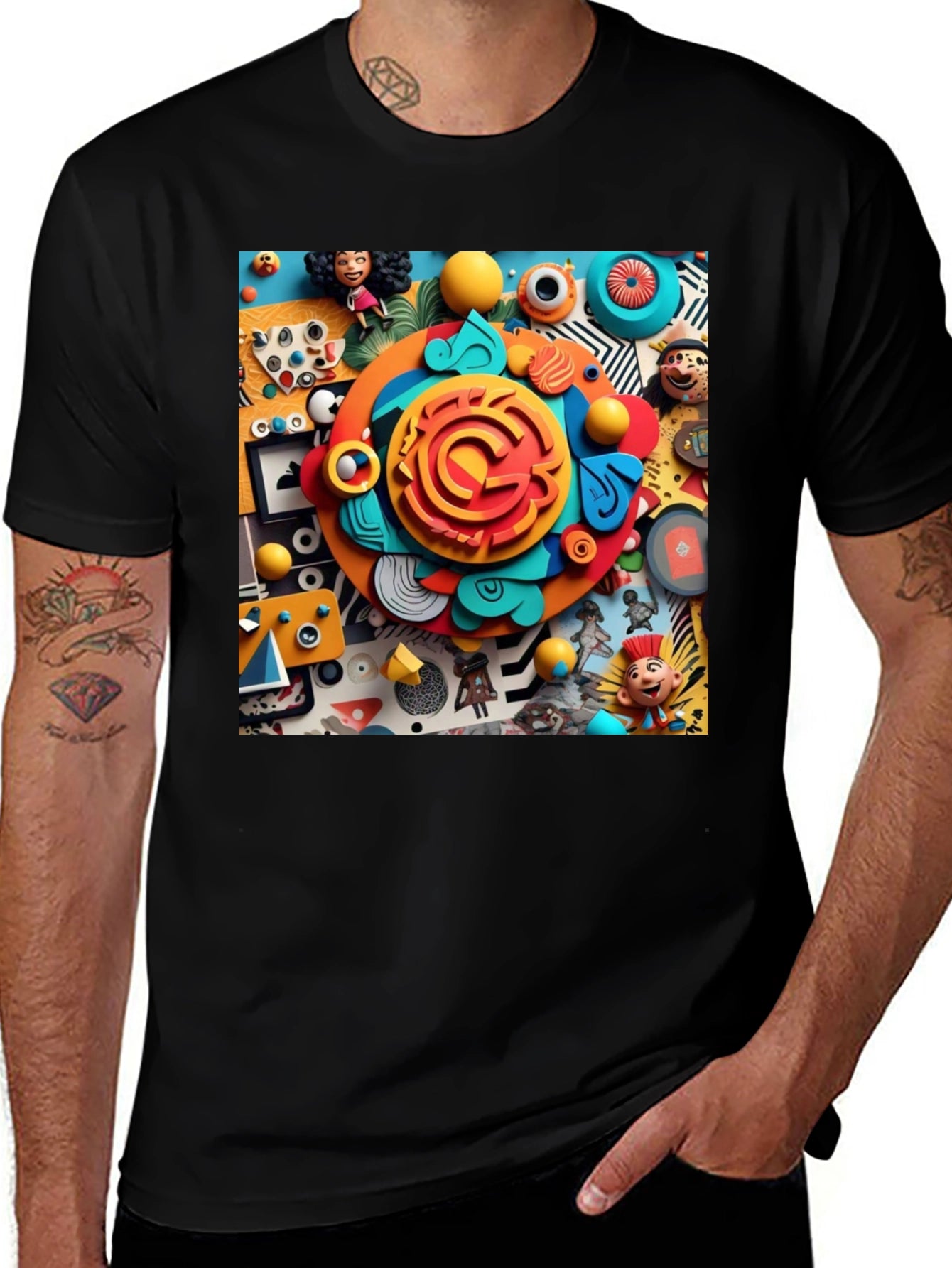 Fun Cartoon Collage Graphic Tee - Black Cotton T-Shirt