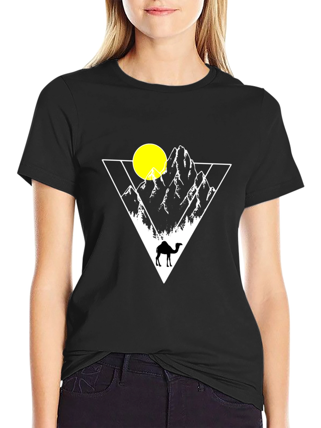 Geometric Mountain Camel Graphic T-Shirt - Black