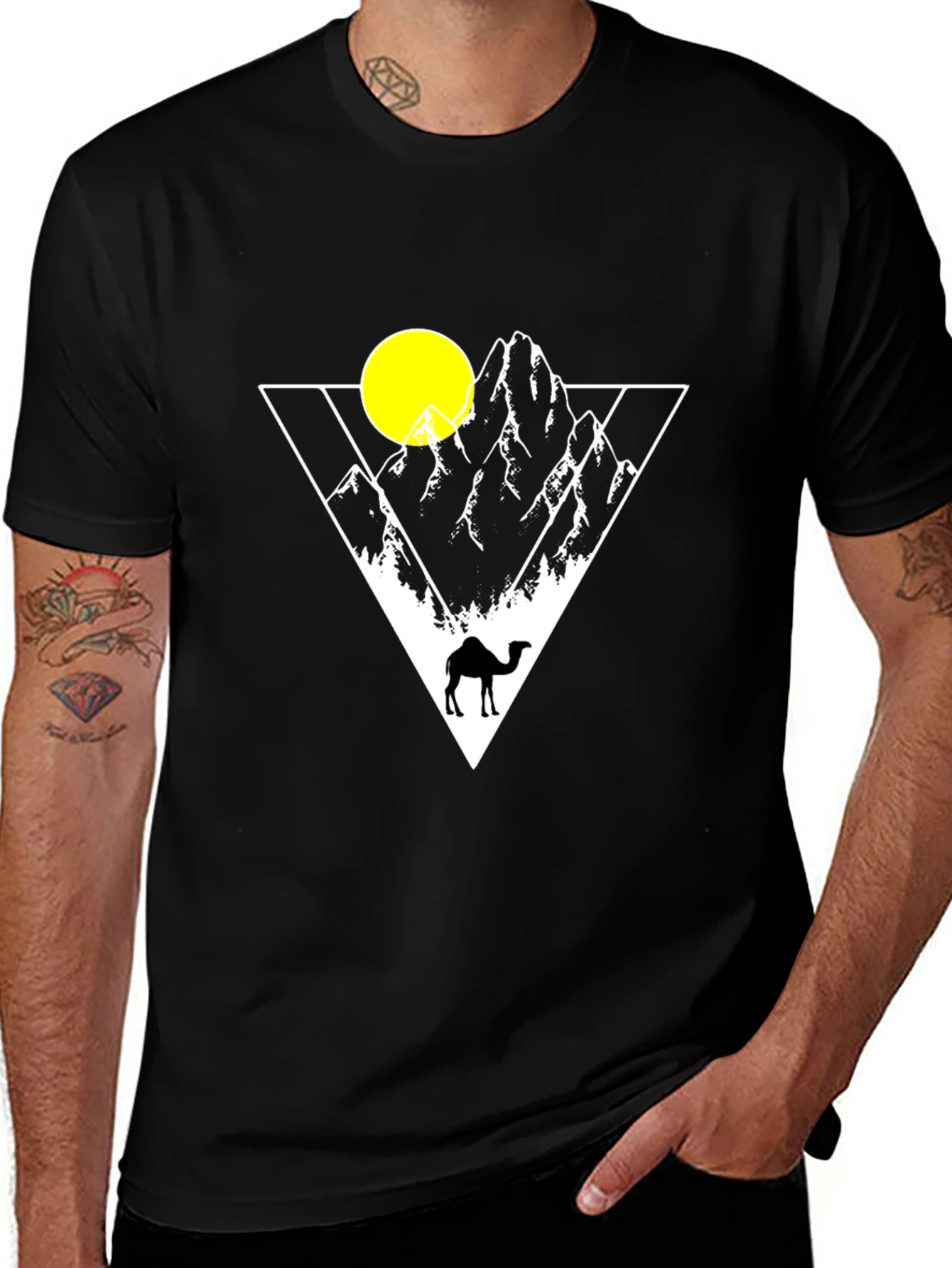 Geometric Mountain Camel Graphic T-Shirt - Black