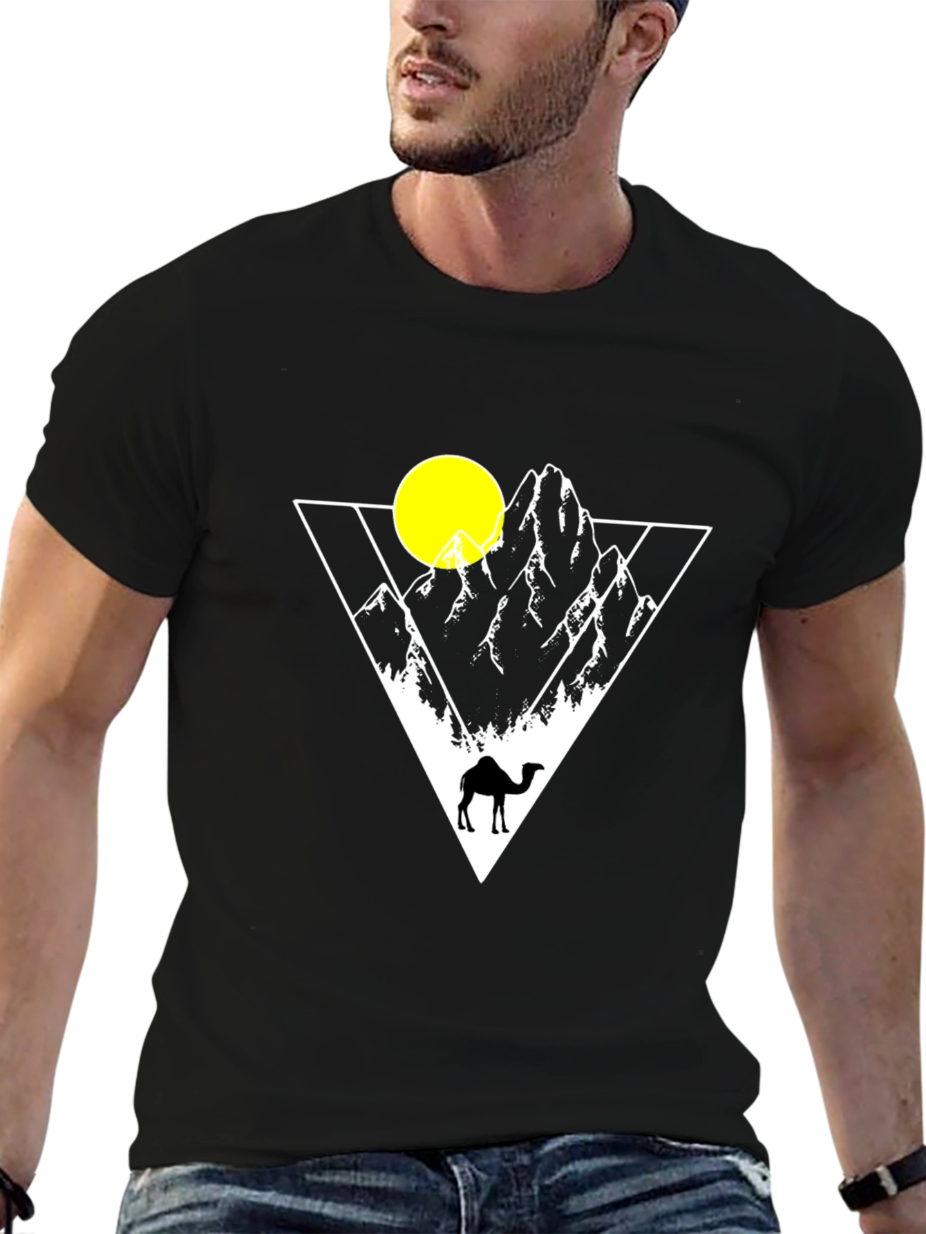 Geometric Mountain Camel Graphic T-Shirt - Black