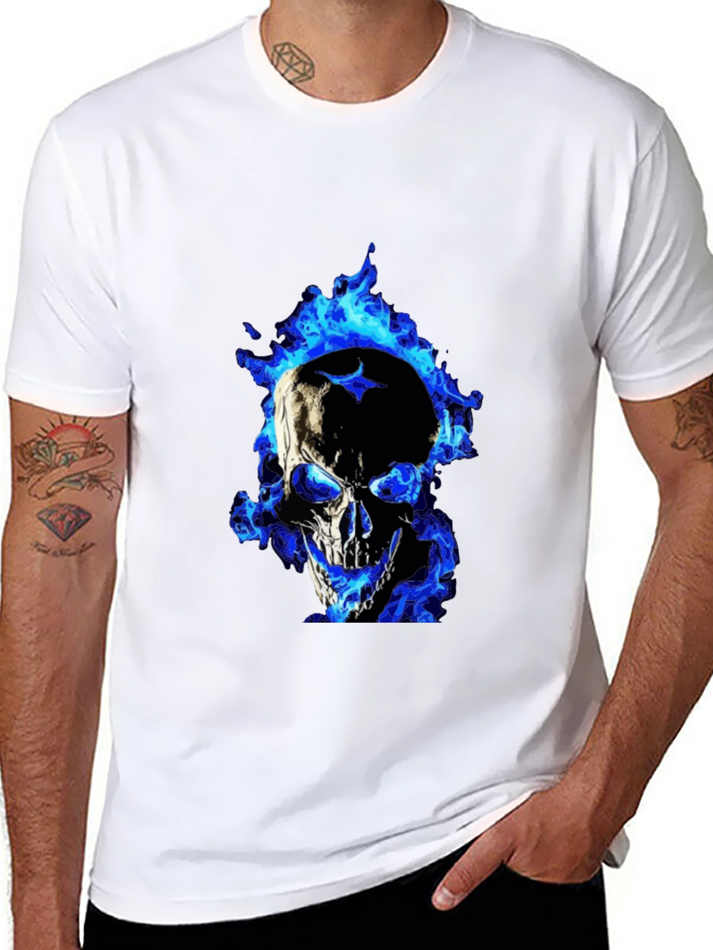 Blue Flame Skull Graphic Tee - Mens Black T-Shirt