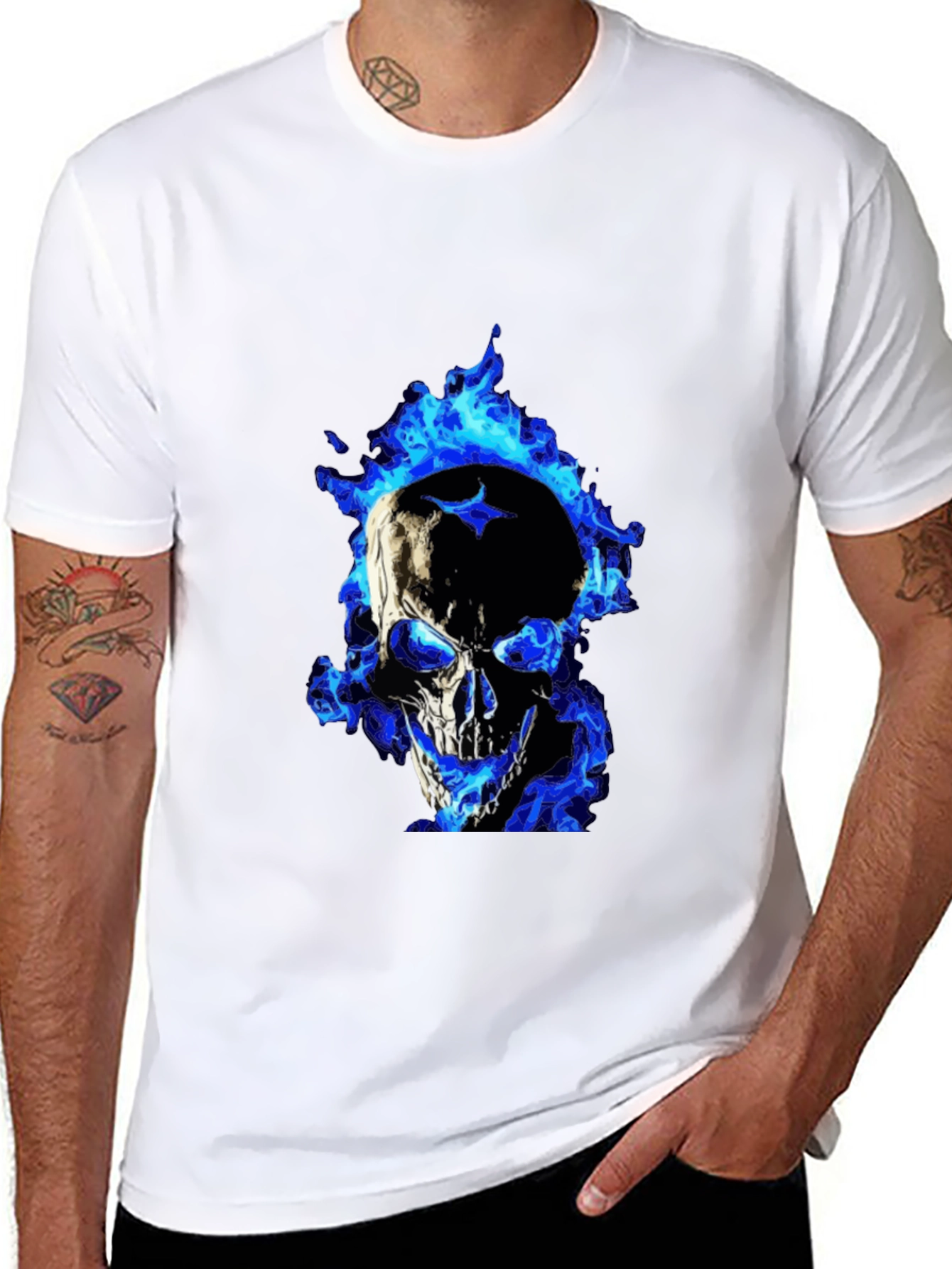Blue Flame Skull Graphic Tee - Mens Black T-Shirt