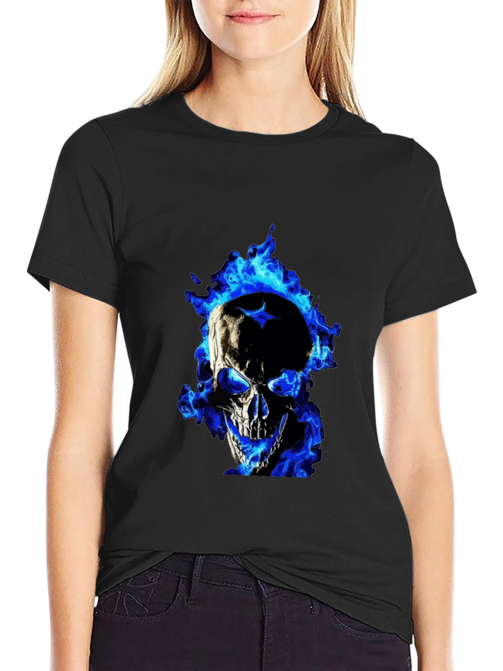 Blue Flame Skull Graphic Tee - Mens Black T-Shirt