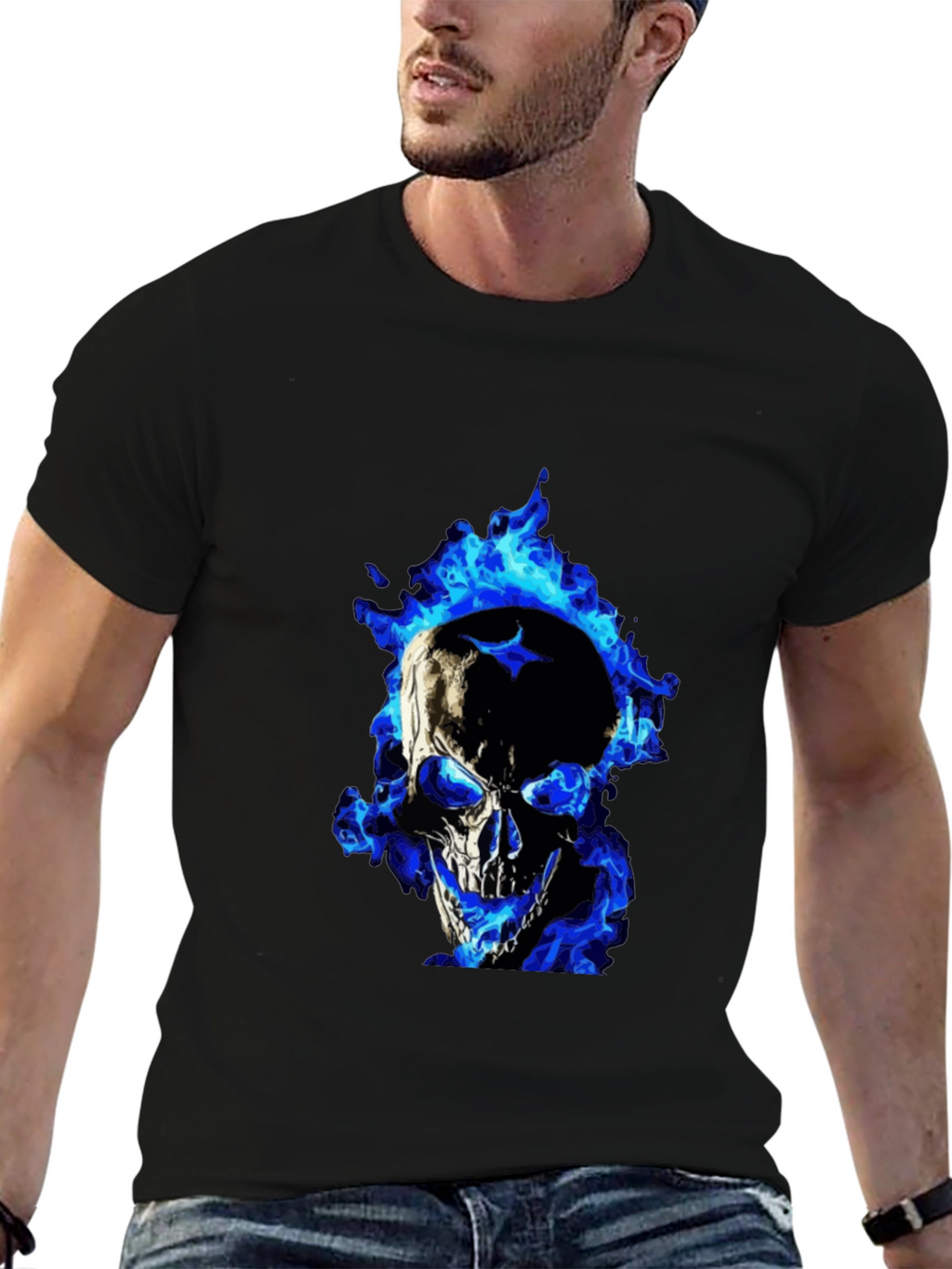 Blue Flame Skull Graphic Tee - Mens Black T-Shirt