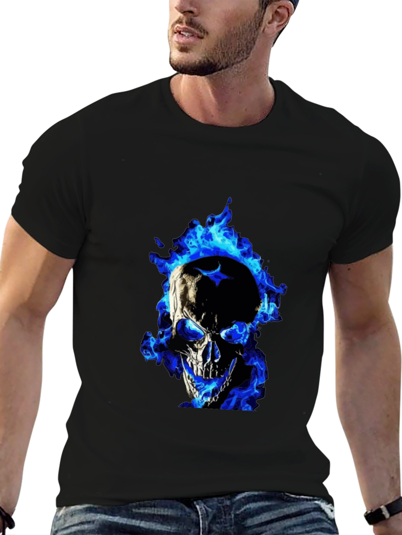 Blue Flame Skull Graphic Tee - Mens Black T-Shirt