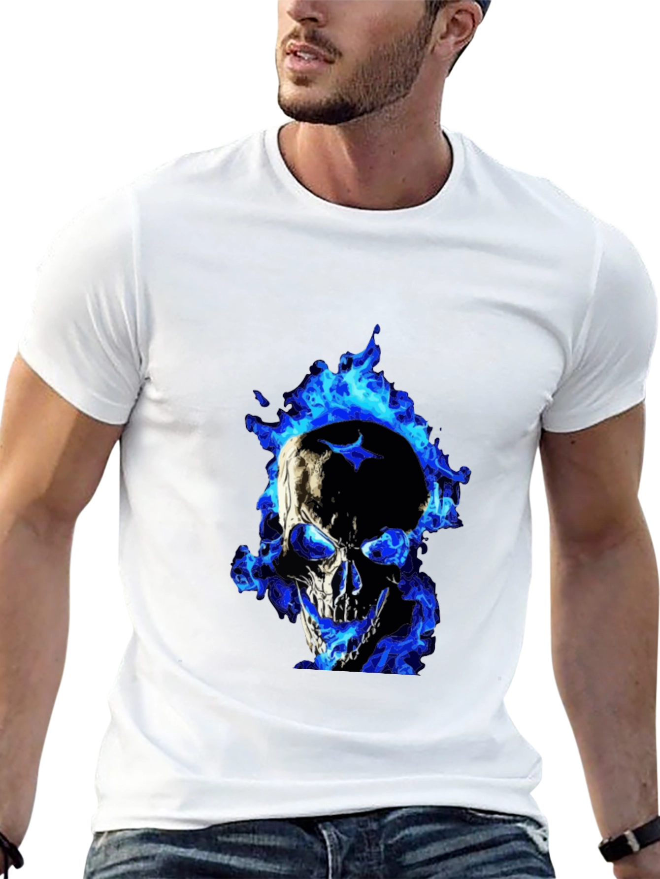 Blue Flame Skull Graphic Tee - Mens Black T-Shirt