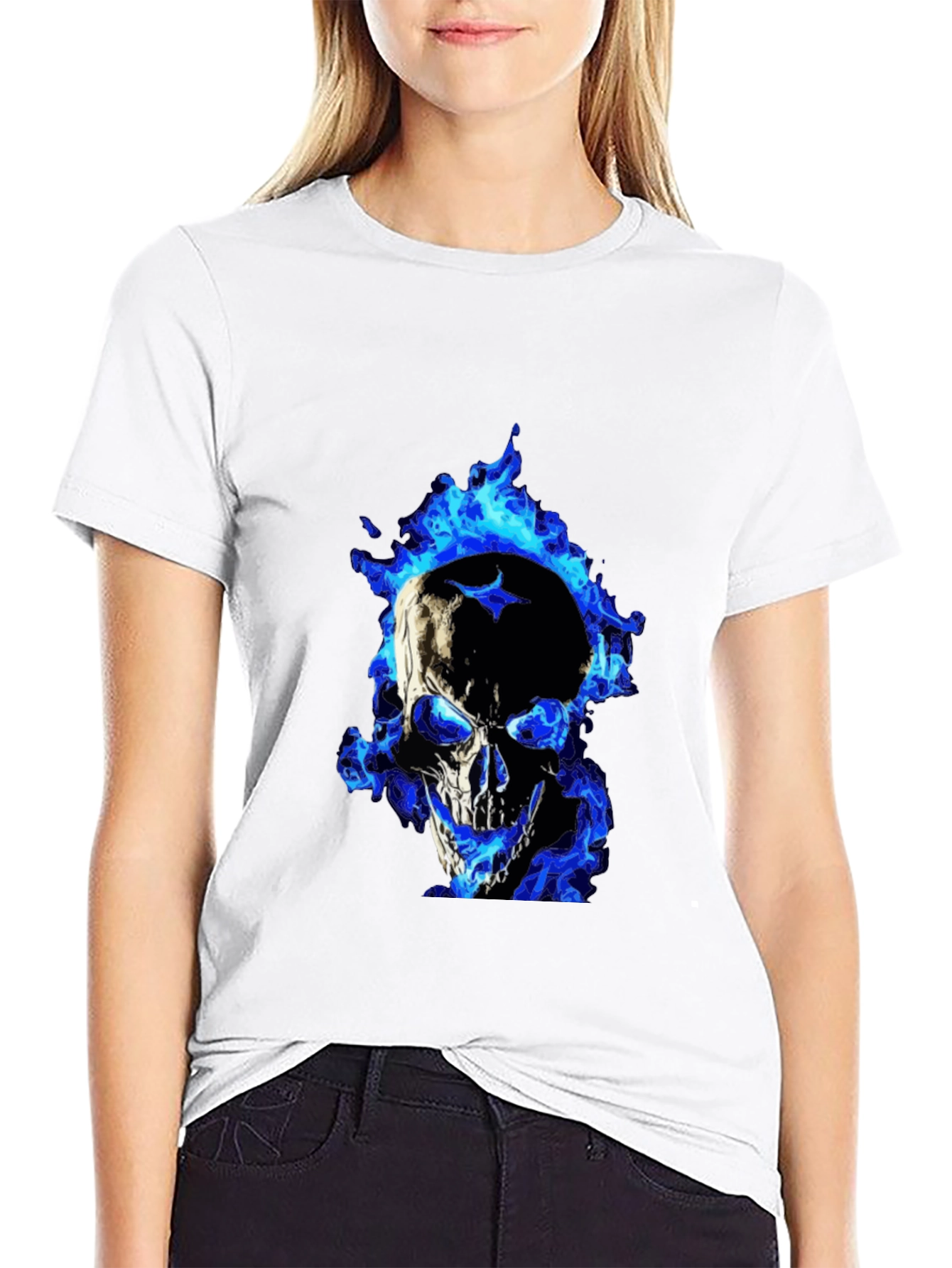 Blue Flame Skull Graphic Tee - Mens Black T-Shirt