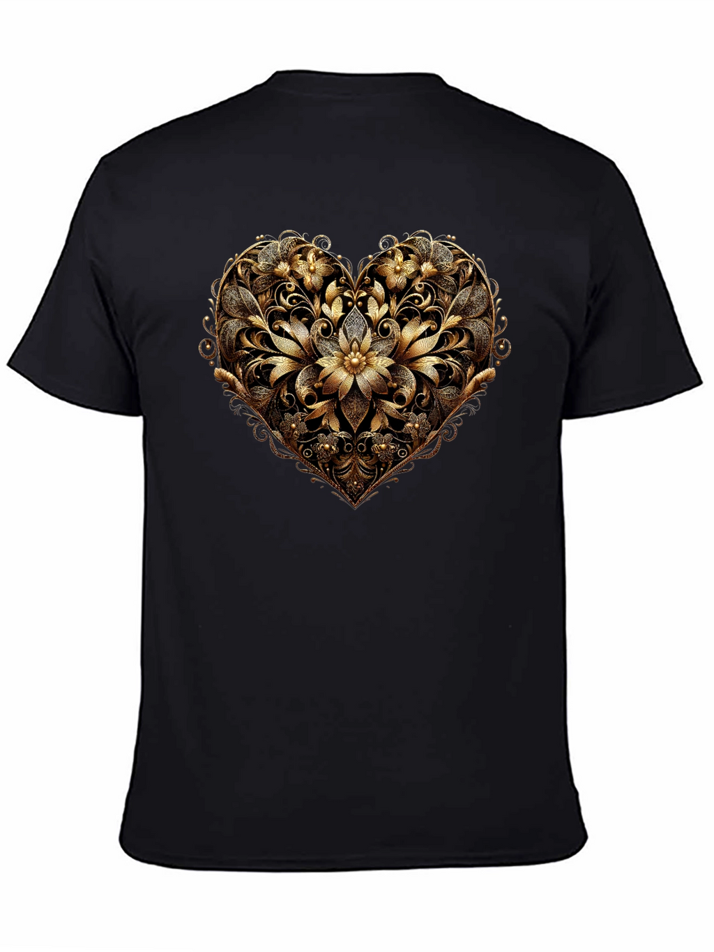Golden Floral Heart Black T-Shirt
