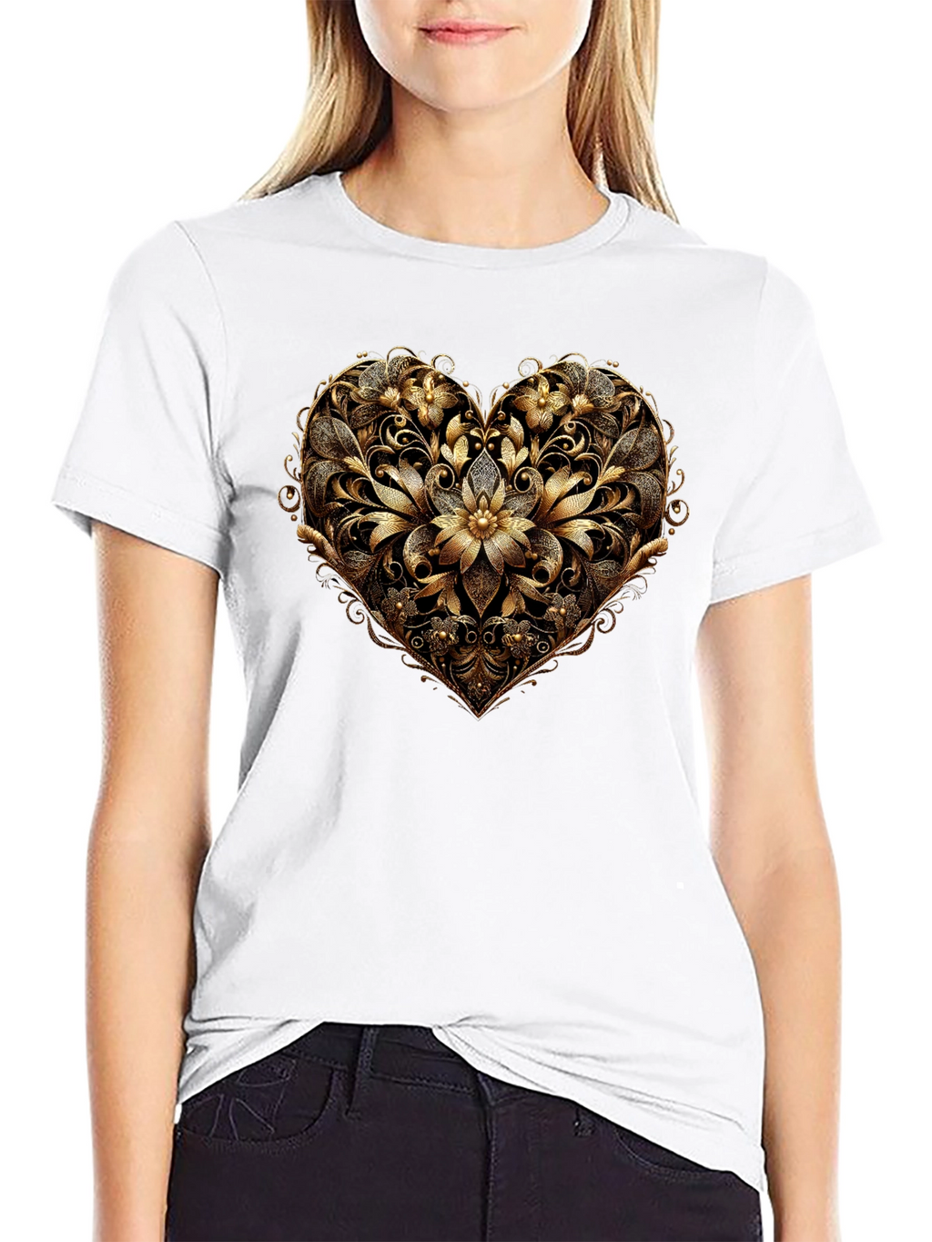 Golden Floral Heart Black T-Shirt