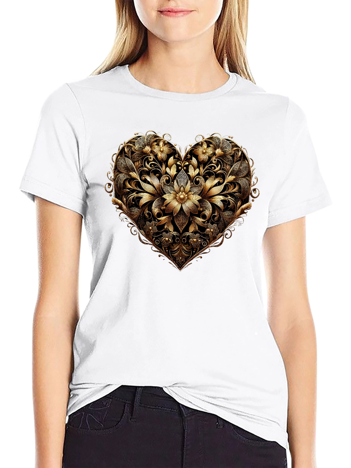 Golden Floral Heart Black T-Shirt