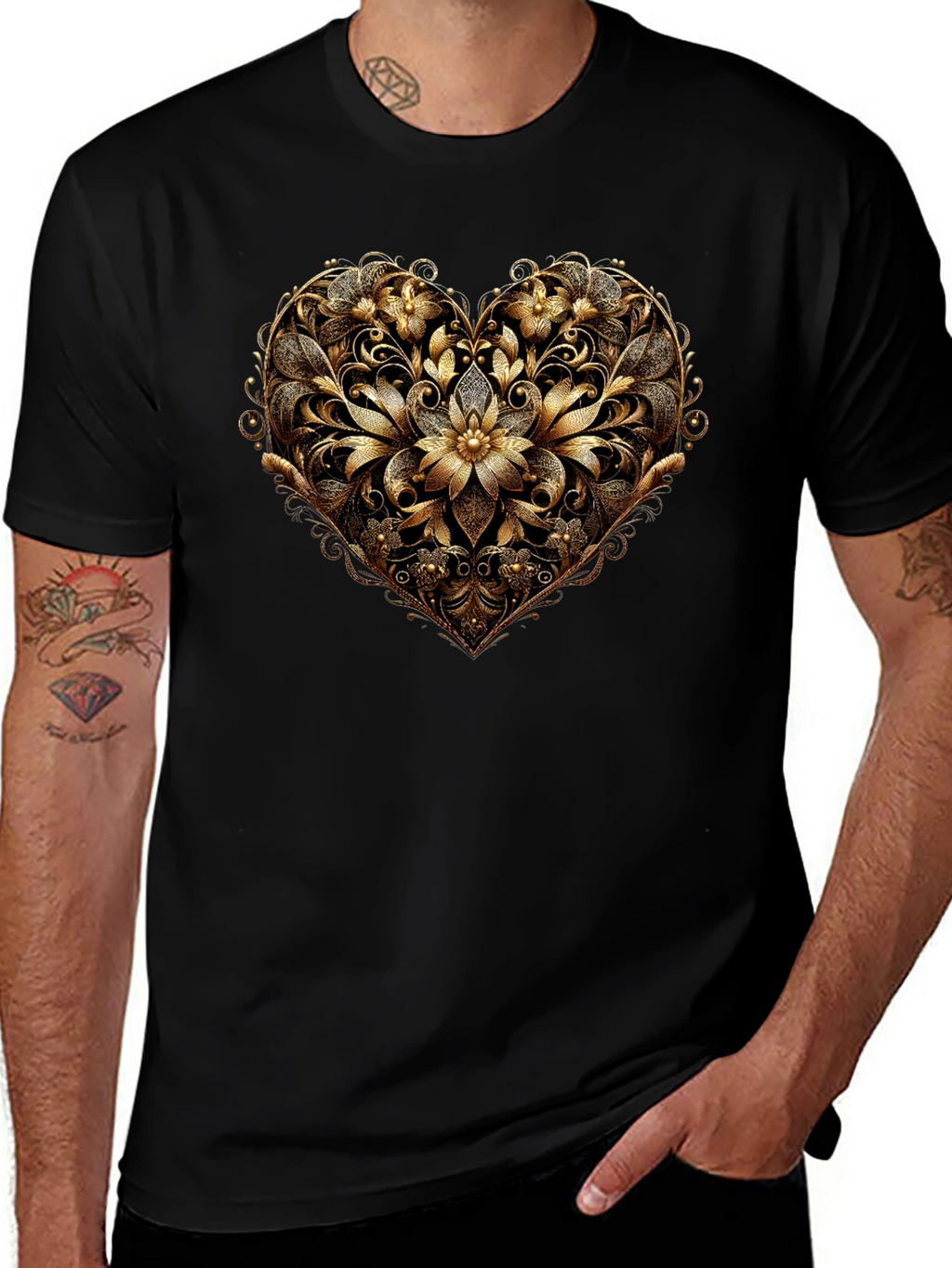 Golden Floral Heart Black T-Shirt