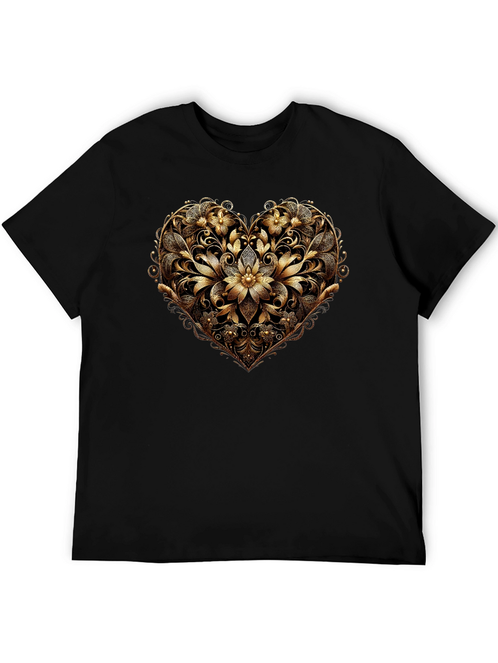 Golden Floral Heart Black T-Shirt