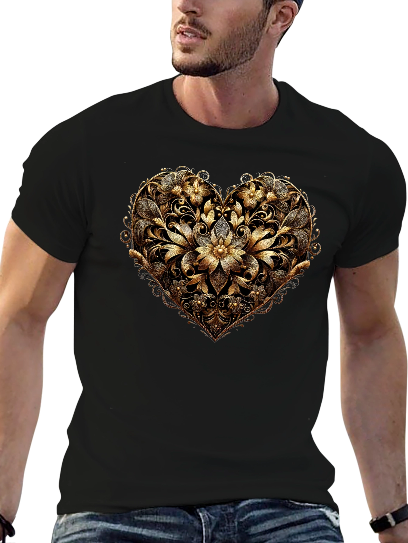 Golden Floral Heart Black T-Shirt
