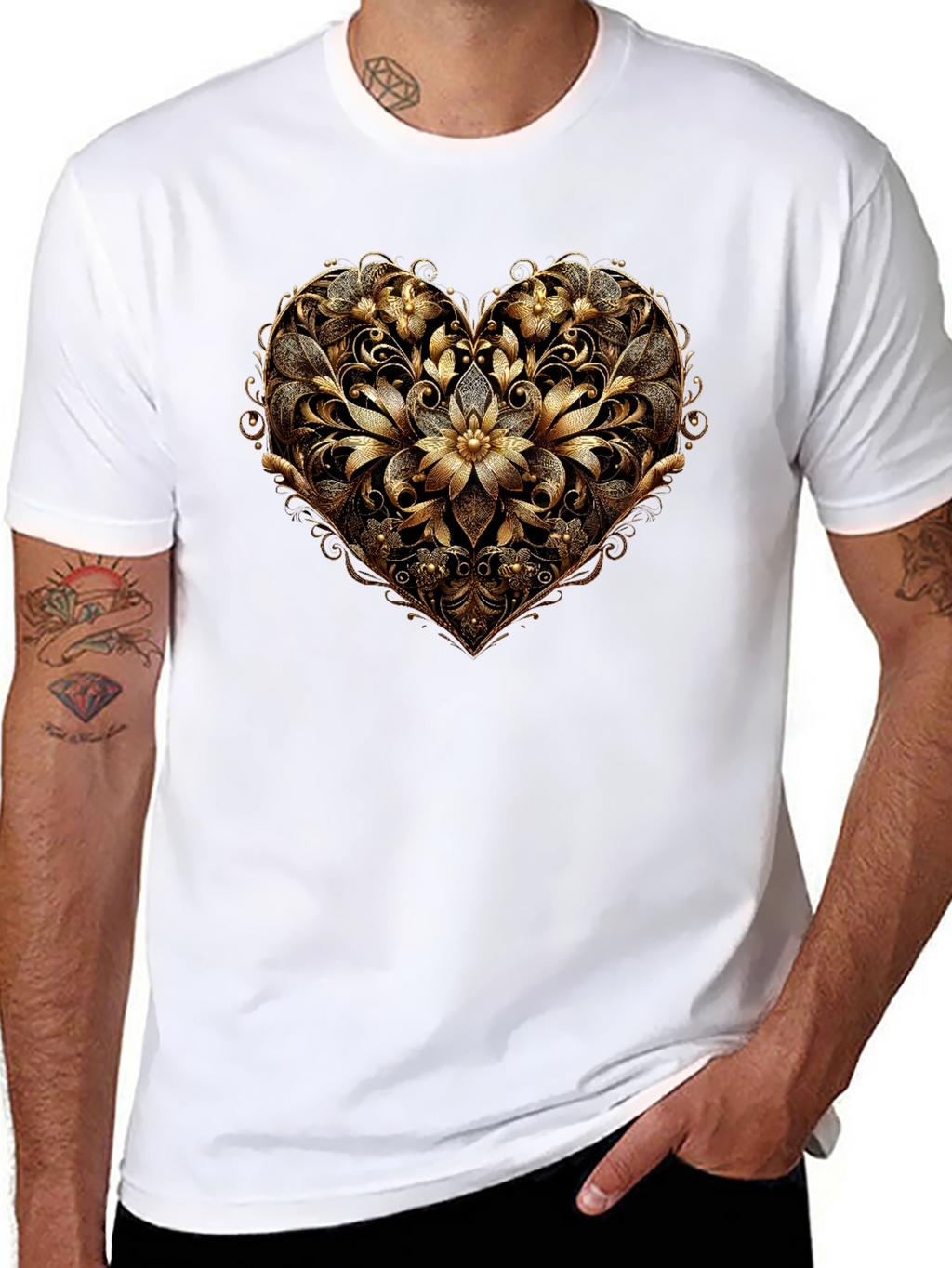 Golden Floral Heart Black T-Shirt