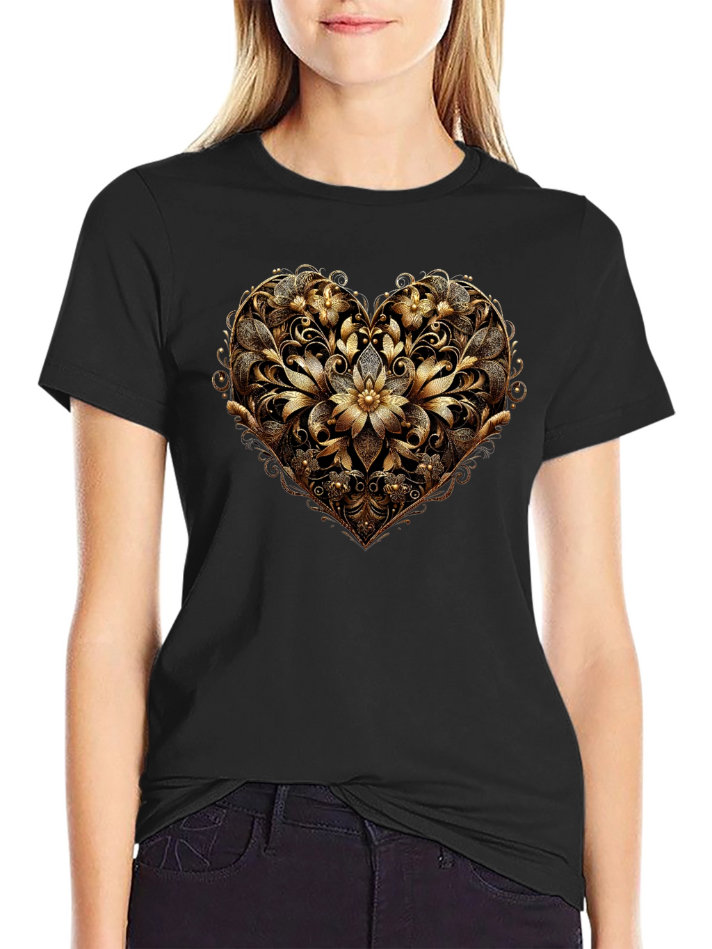Golden Floral Heart Black T-Shirt