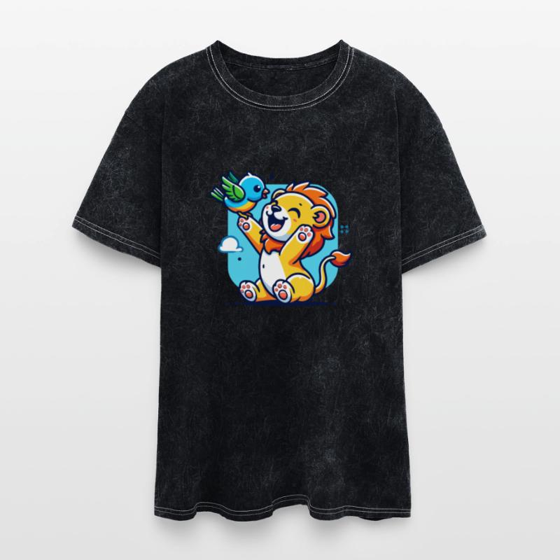 cute lion cub playing with a colorful bird