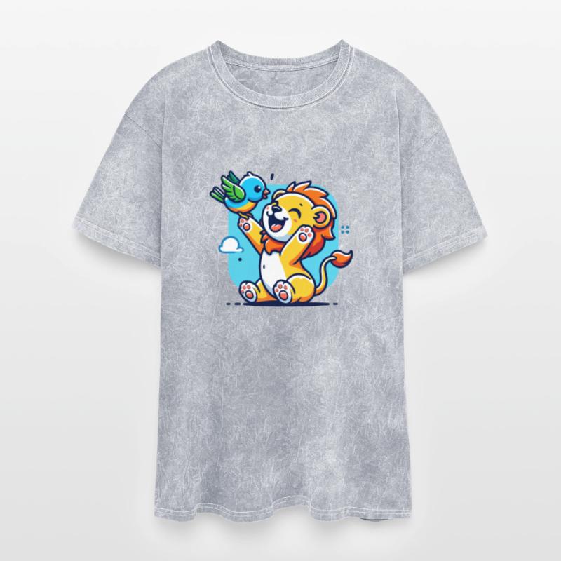 cute lion cub playing with a colorful bird