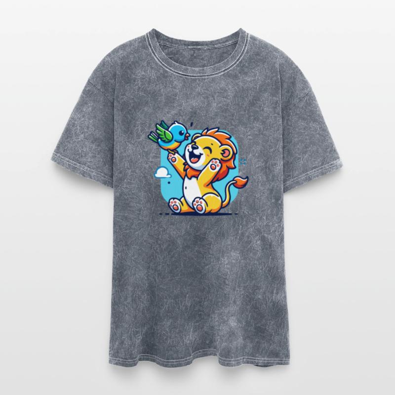 cute lion cub playing with a colorful bird