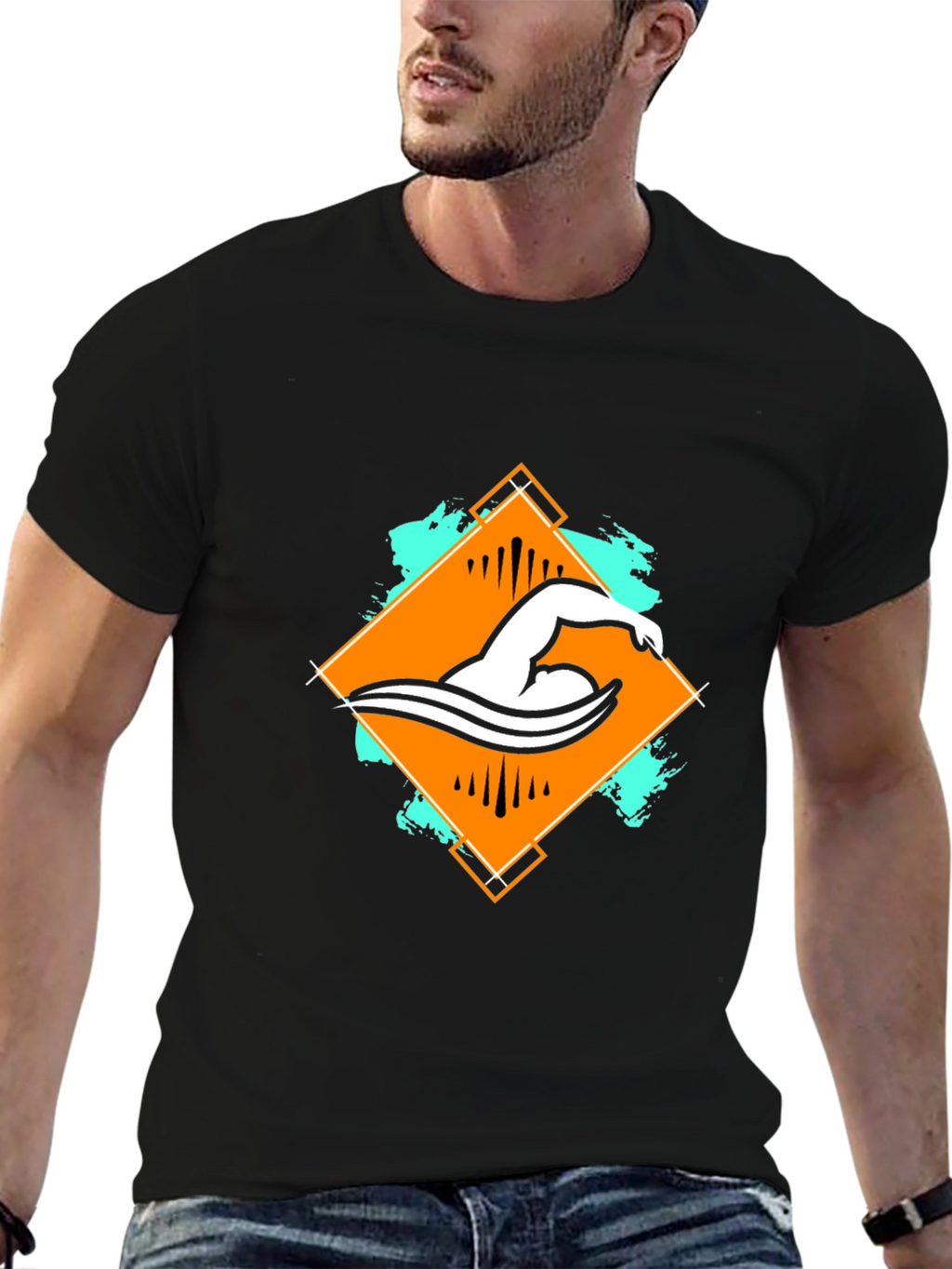 Swimmer Graphic Tee - Black Cotton T-Shirt