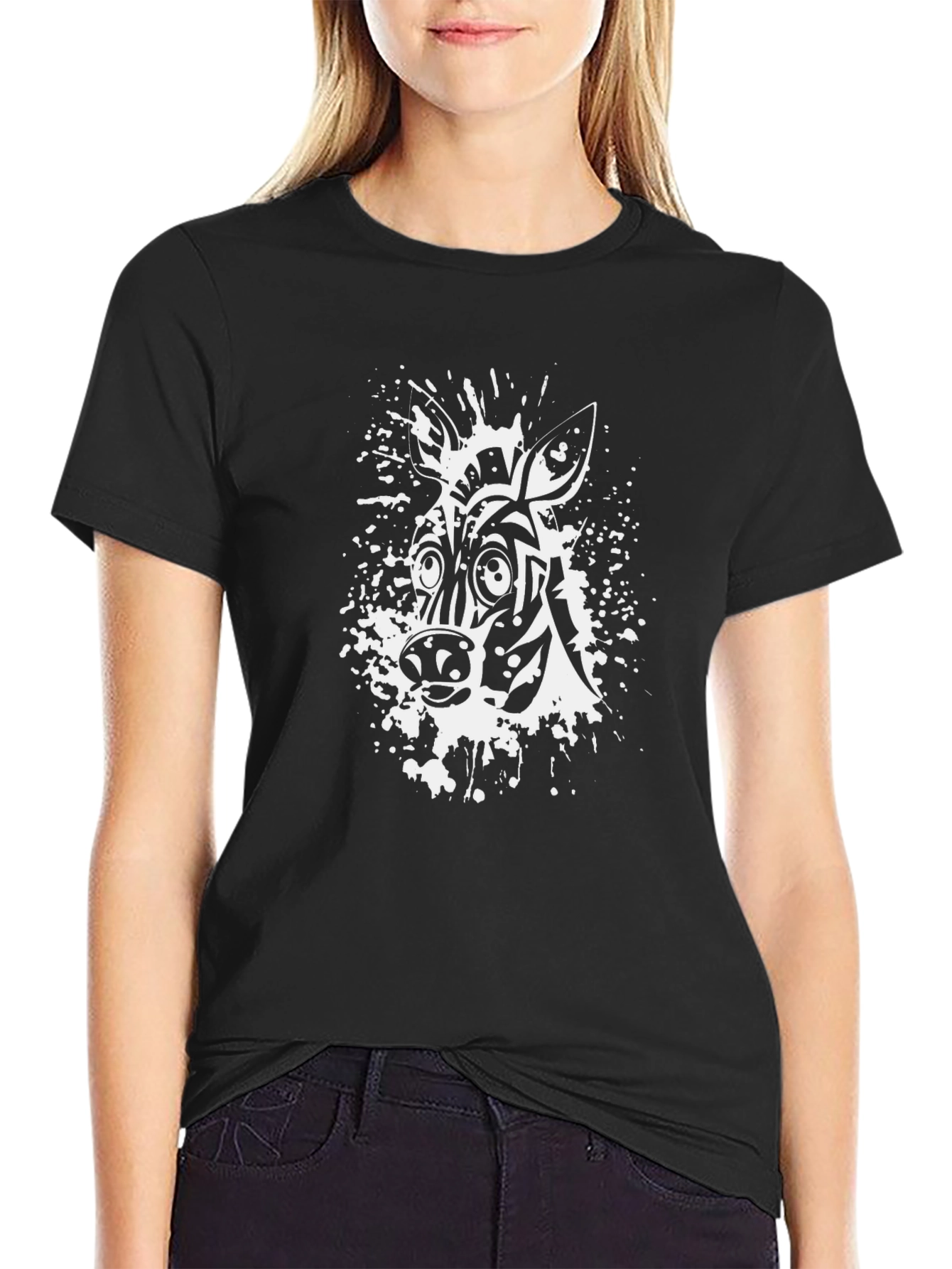 Zebra Splash Graphic Print Black T-Shirt